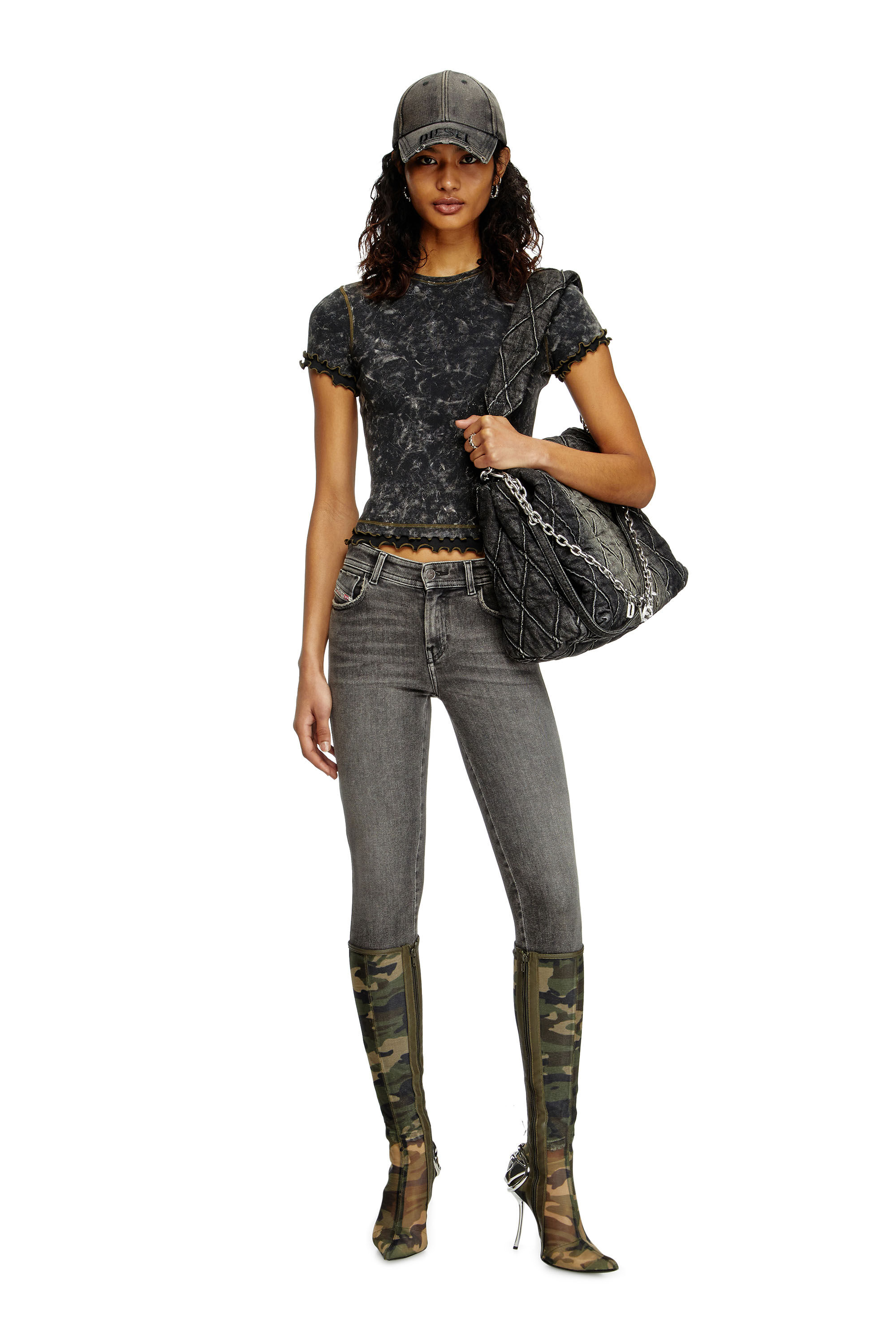 Diesel - T-FLU, Woman's Marbled T-shirt with ruffled trims in Black - 1