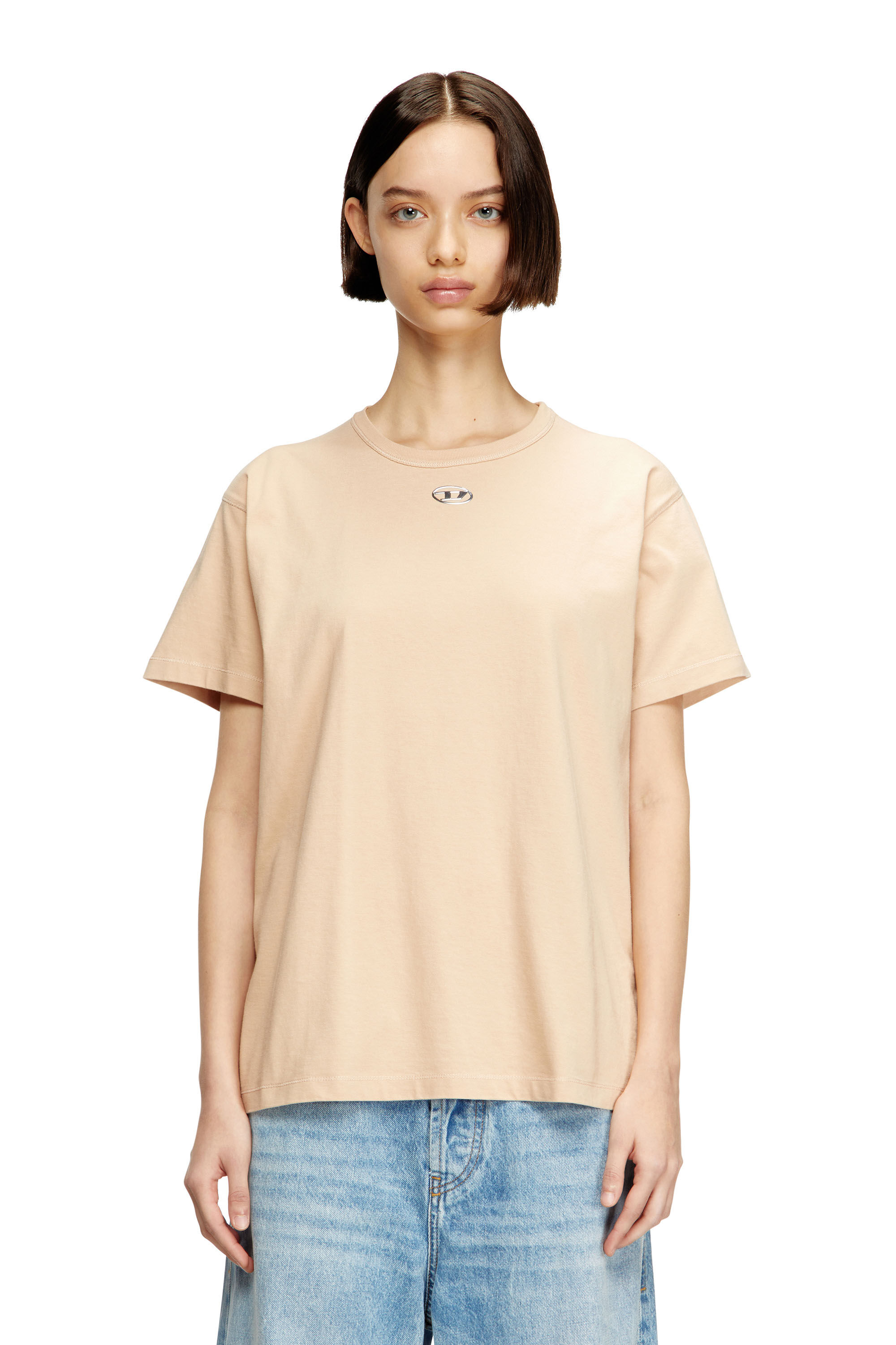Diesel - T-NORMY-OD-S1, Woman's Cotton T-shirt with metallic Oval D in Beige - 3