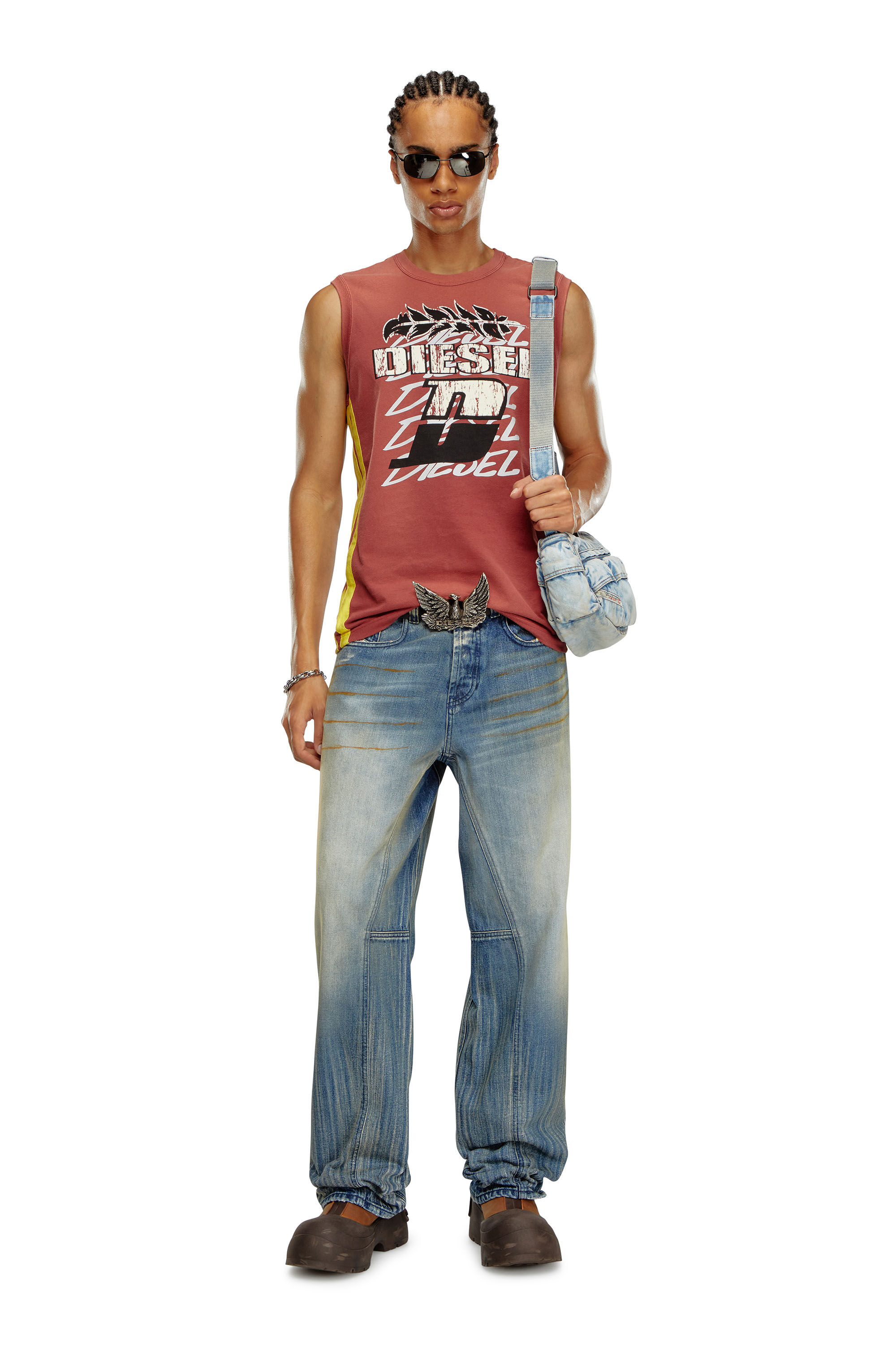 Diesel - T-BISCO-STRIPE, Man Sun-faded tank top with side bands in Red - Image 1