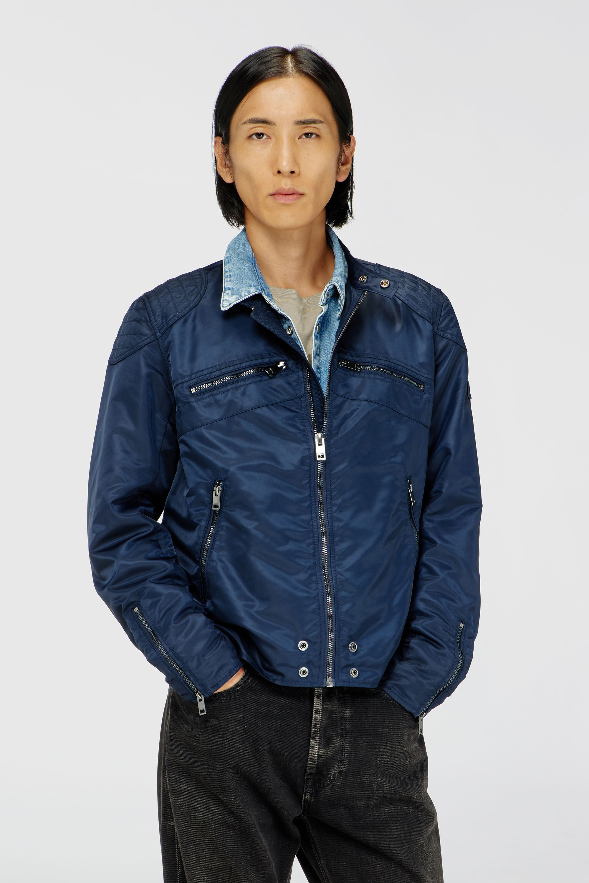 Diesel - J-GLORY-T92, Man's Nylon jacket with quilted shoulders and zip pockets in Blue - 3