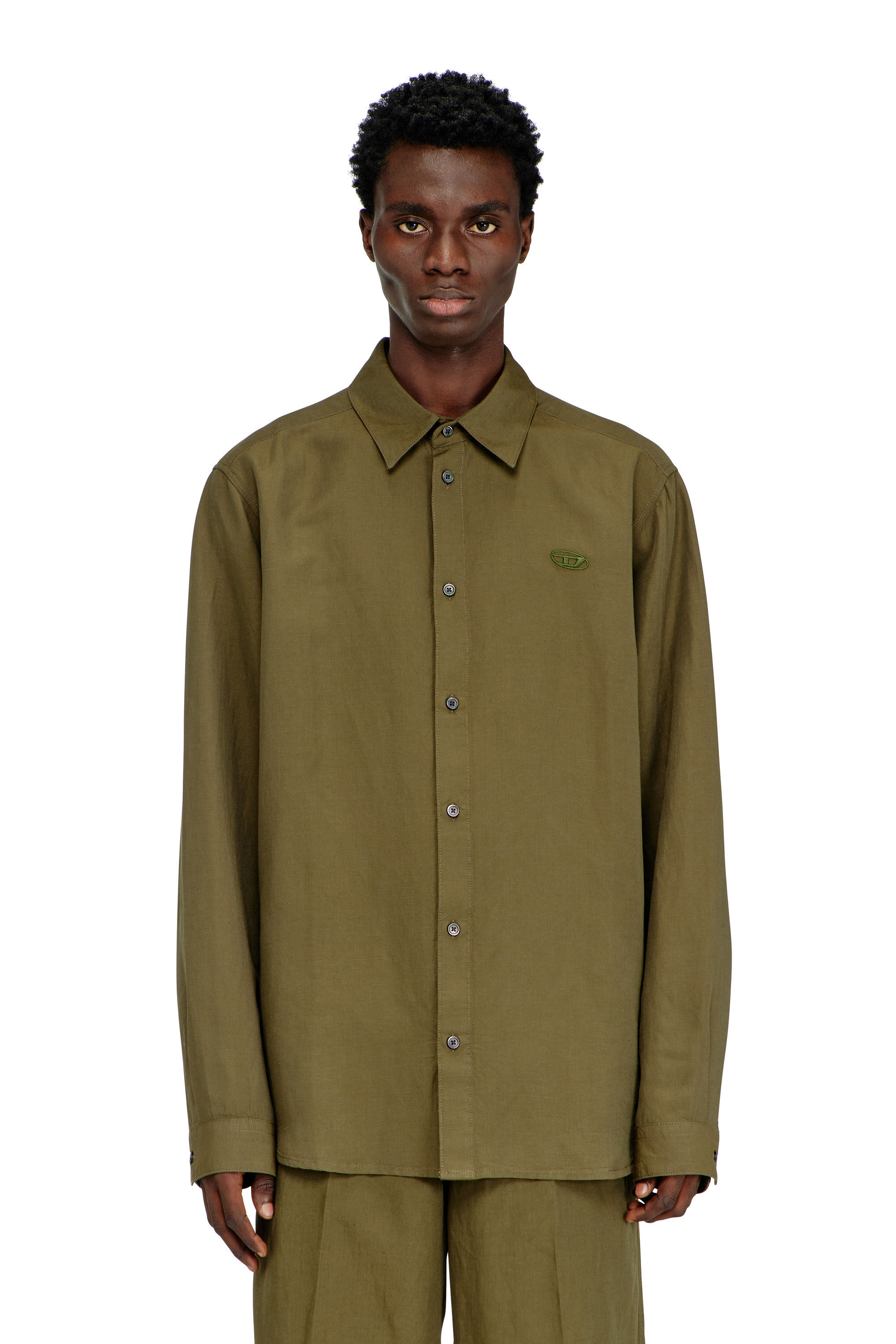 Diesel - S-SIMPLY-PGBS, Man's Linen-blend shirt with logo embroidery in Military Green - 3