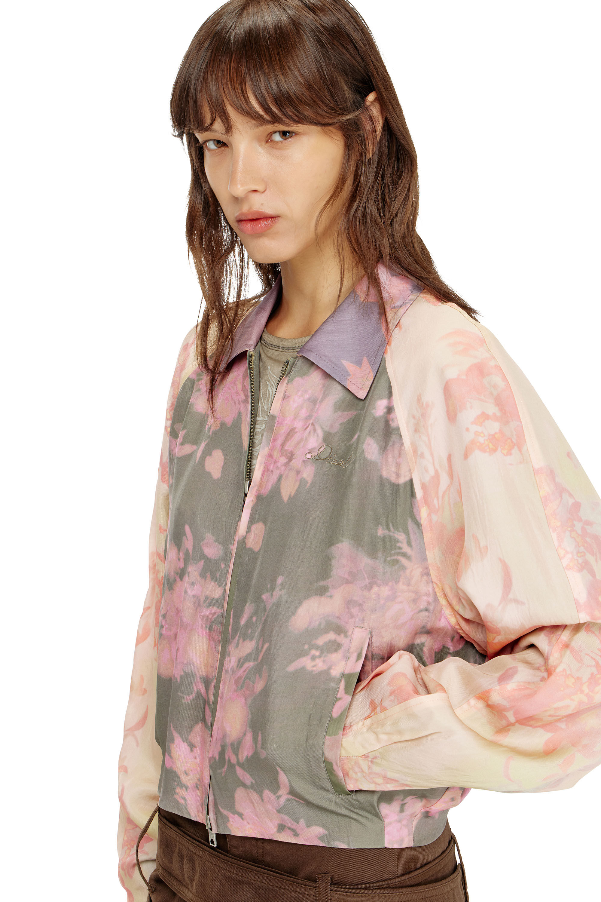 Diesel - G-ALENA, Woman's Floral bomber jacket in crinkled acetate in Green/Pink - 5