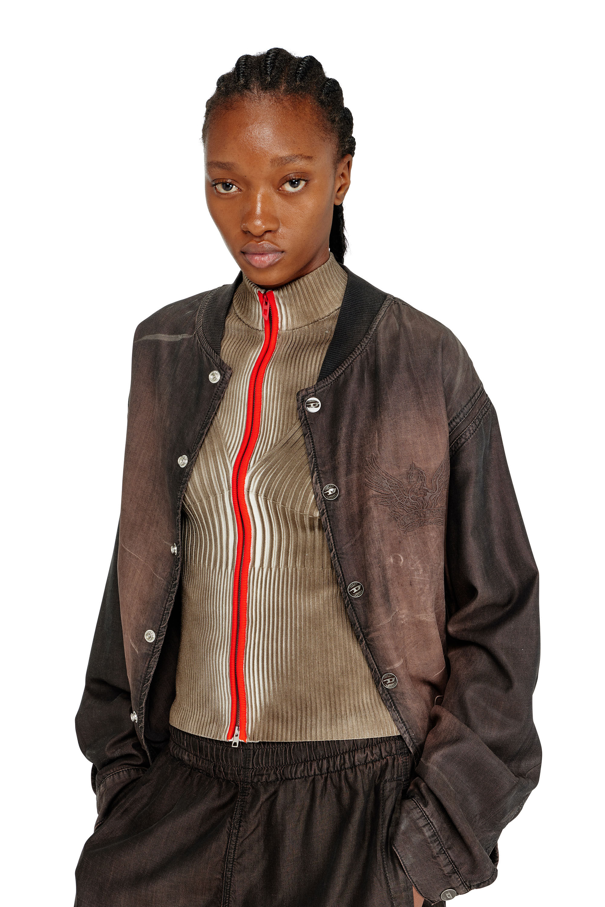 Diesel - M-SARMA, Woman's Ribbed zip cardigan with contrast bands in Red/Brown - 5