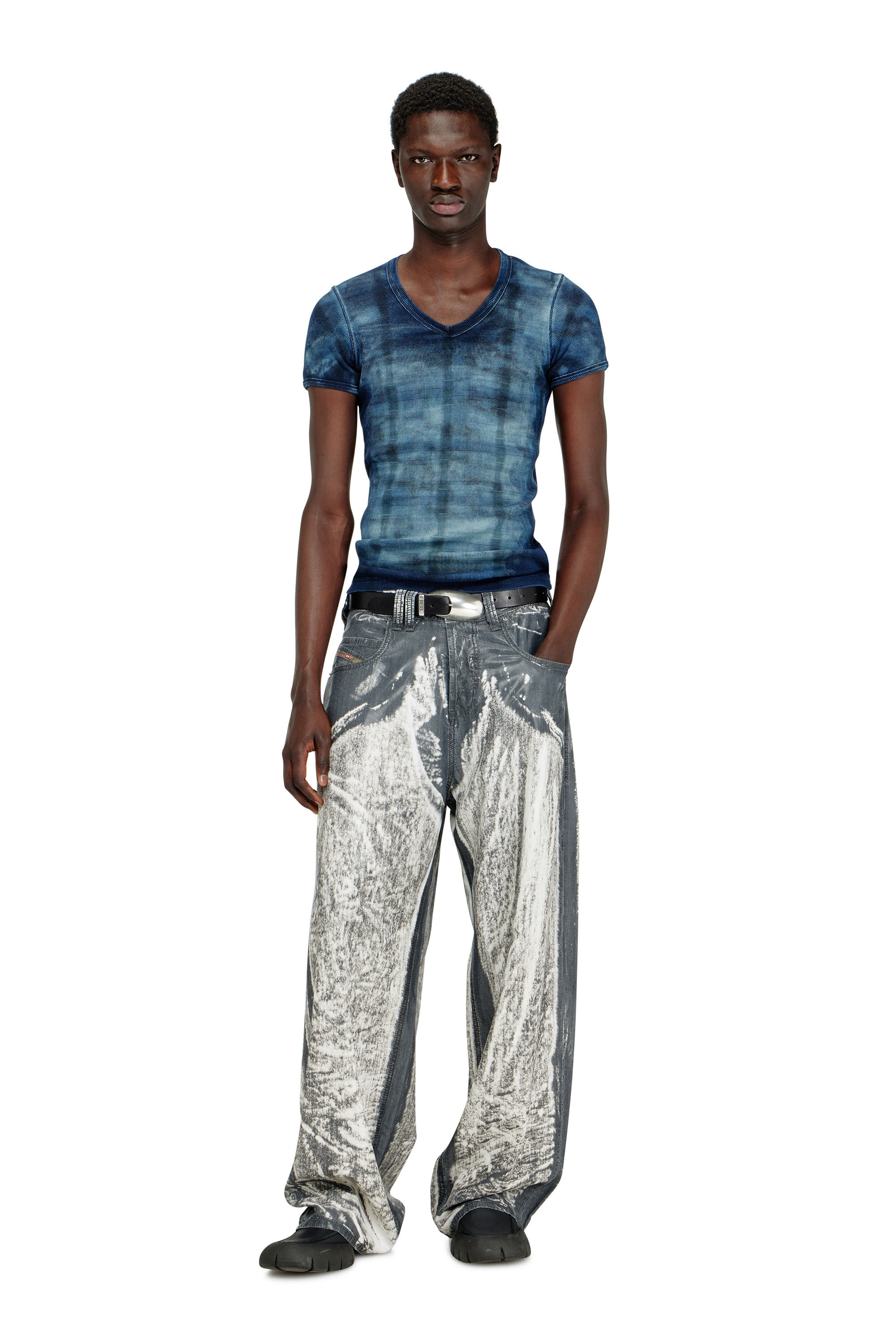 Diesel - T-LUUCAS, Man's X-ray top in check-print rib-jersey in Blue - 1