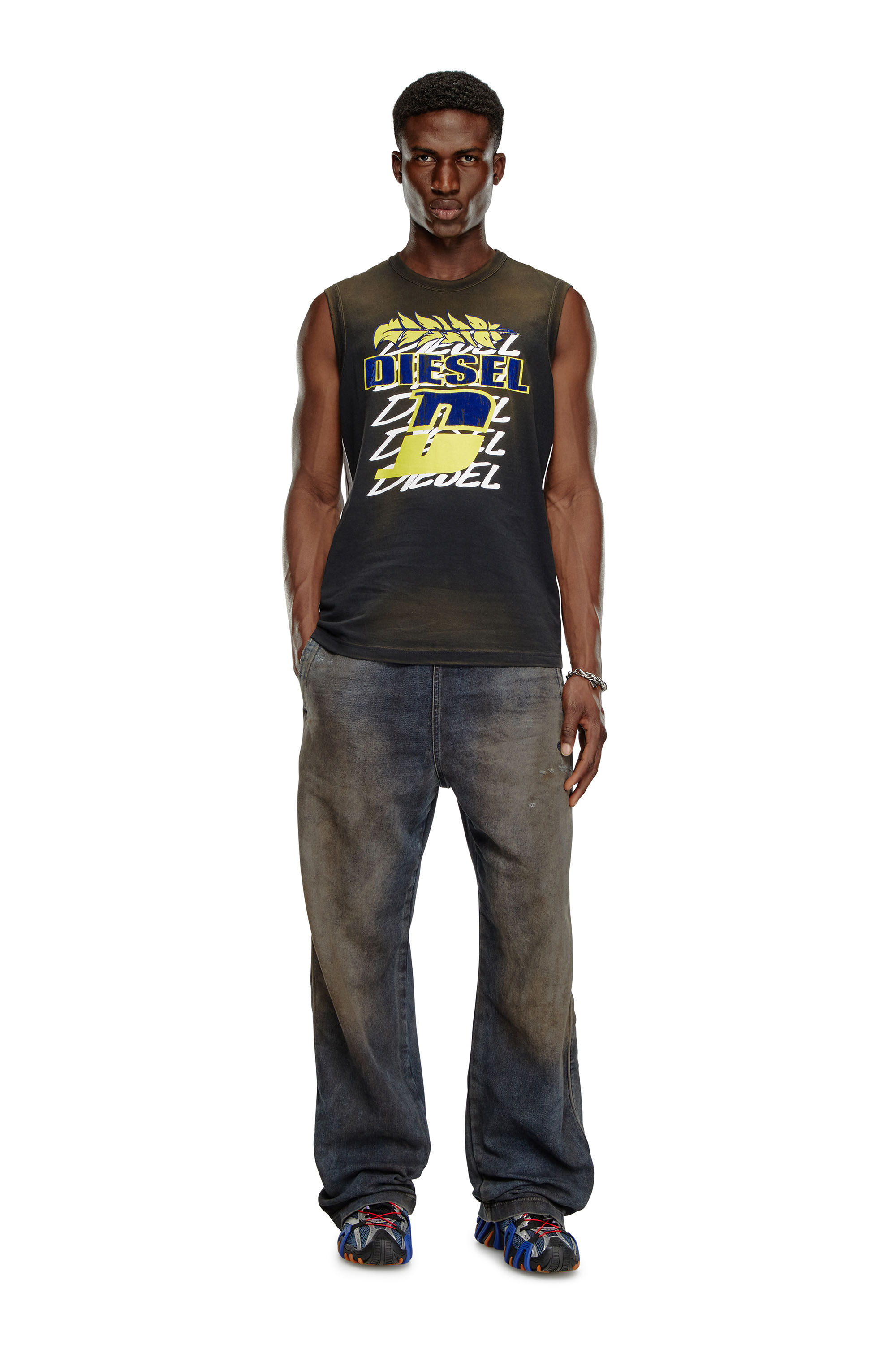 Diesel - T-BISCO-STRIPE, Man Sun-faded tank top with side bands in Black - Image 3