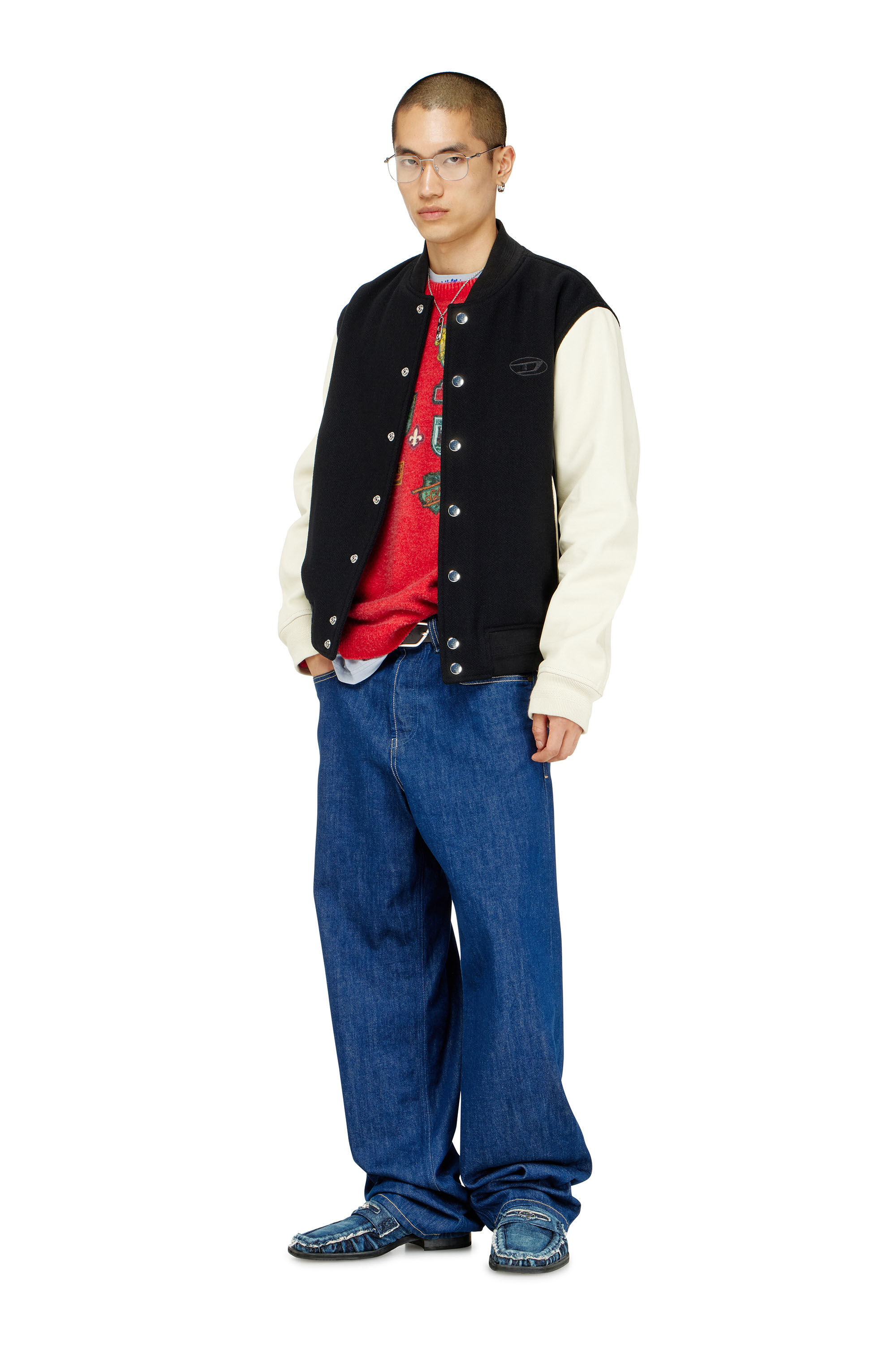 Diesel - L-ARRY-WRD, Man's Bomber jacket in wool blend and leather in Black/White - 1