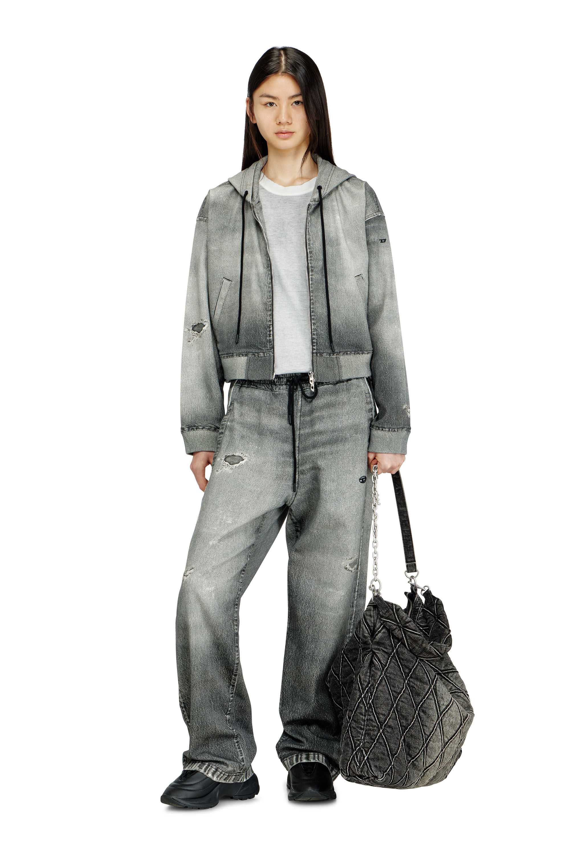 Diesel - DE-GIRI-CROP JOGG, Woman's Zip-up hoodie in trompe l'oeil JoggJeans in Grey - 1