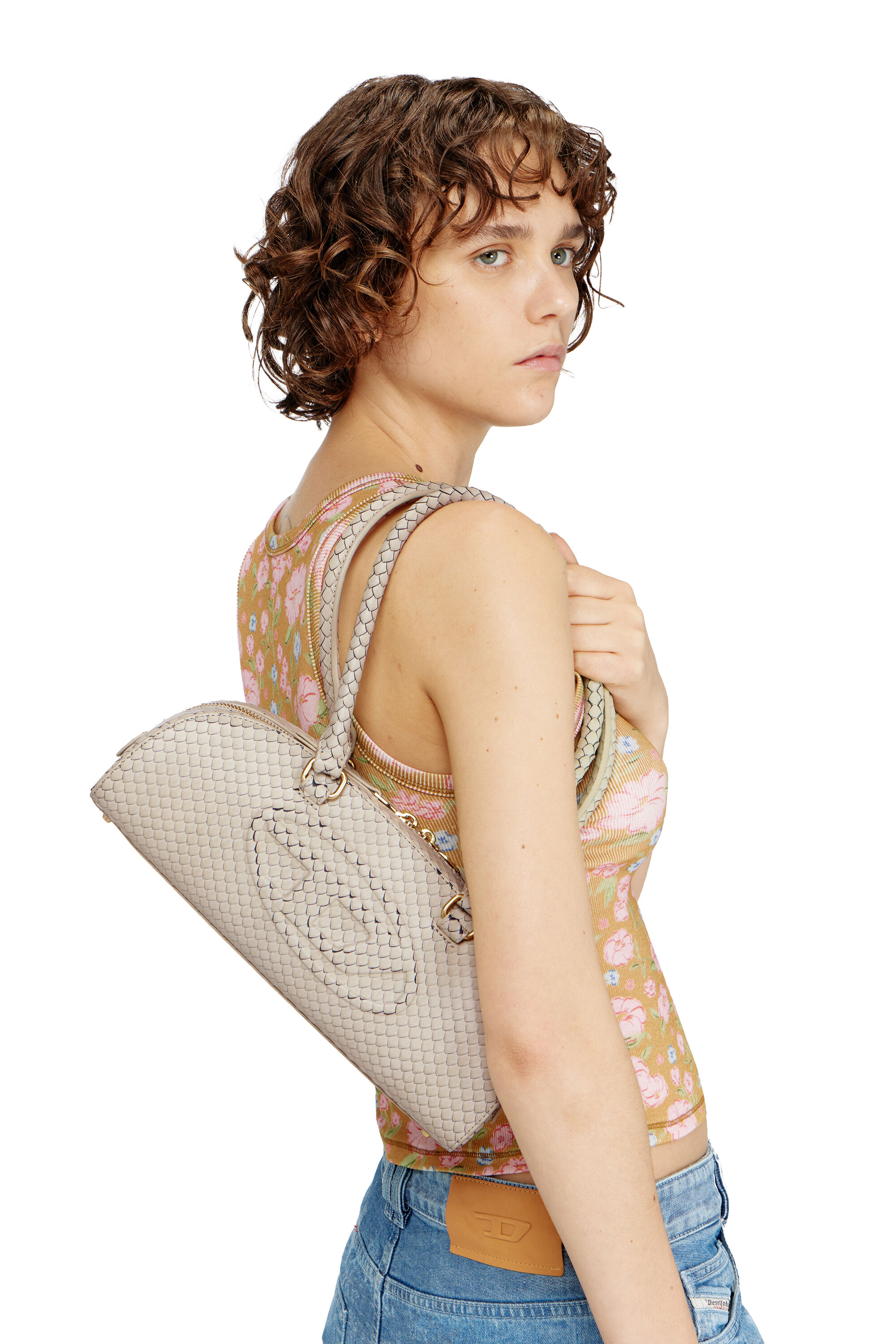 Diesel - 1DR DOME SHOULDER EW, Woman's 1DR Dome-Elongated bowling bag in snake-effect leather in Beige - 1