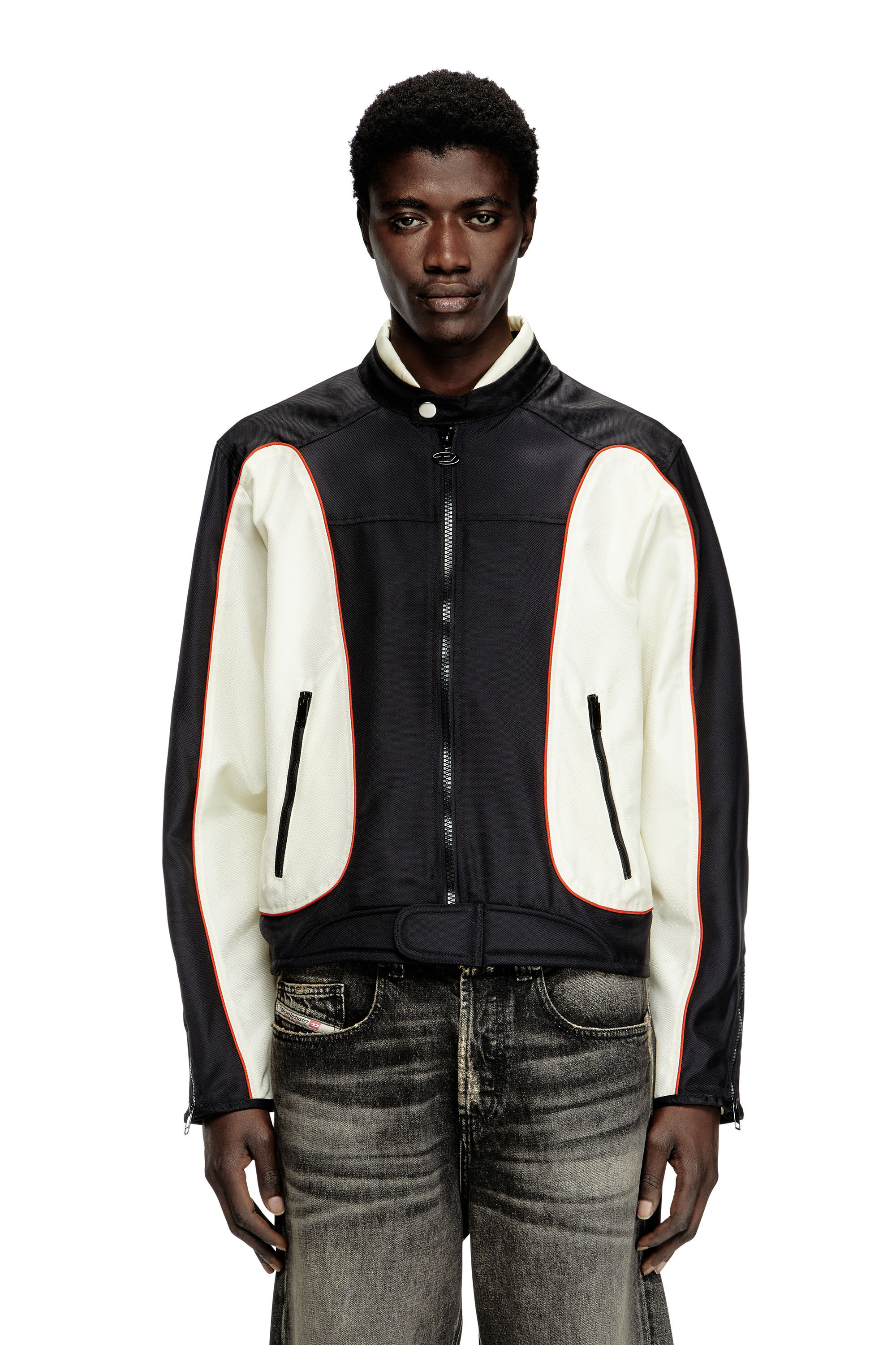 Diesel - J-BLINK-A, Man's Colour-block biker jacket with piping in White/Black - 3