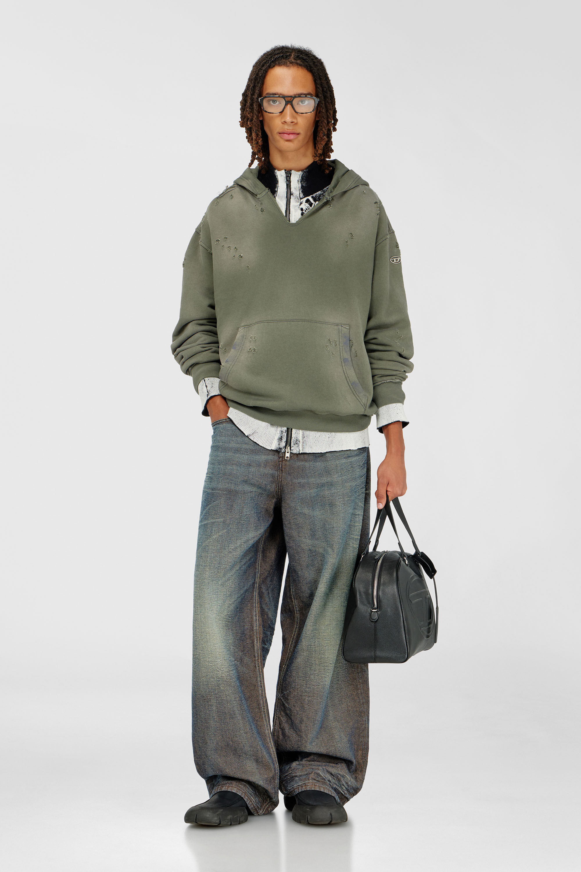 Diesel - S-KEITHY, Man's Distressed hoodie with V-neck in Grey - 1