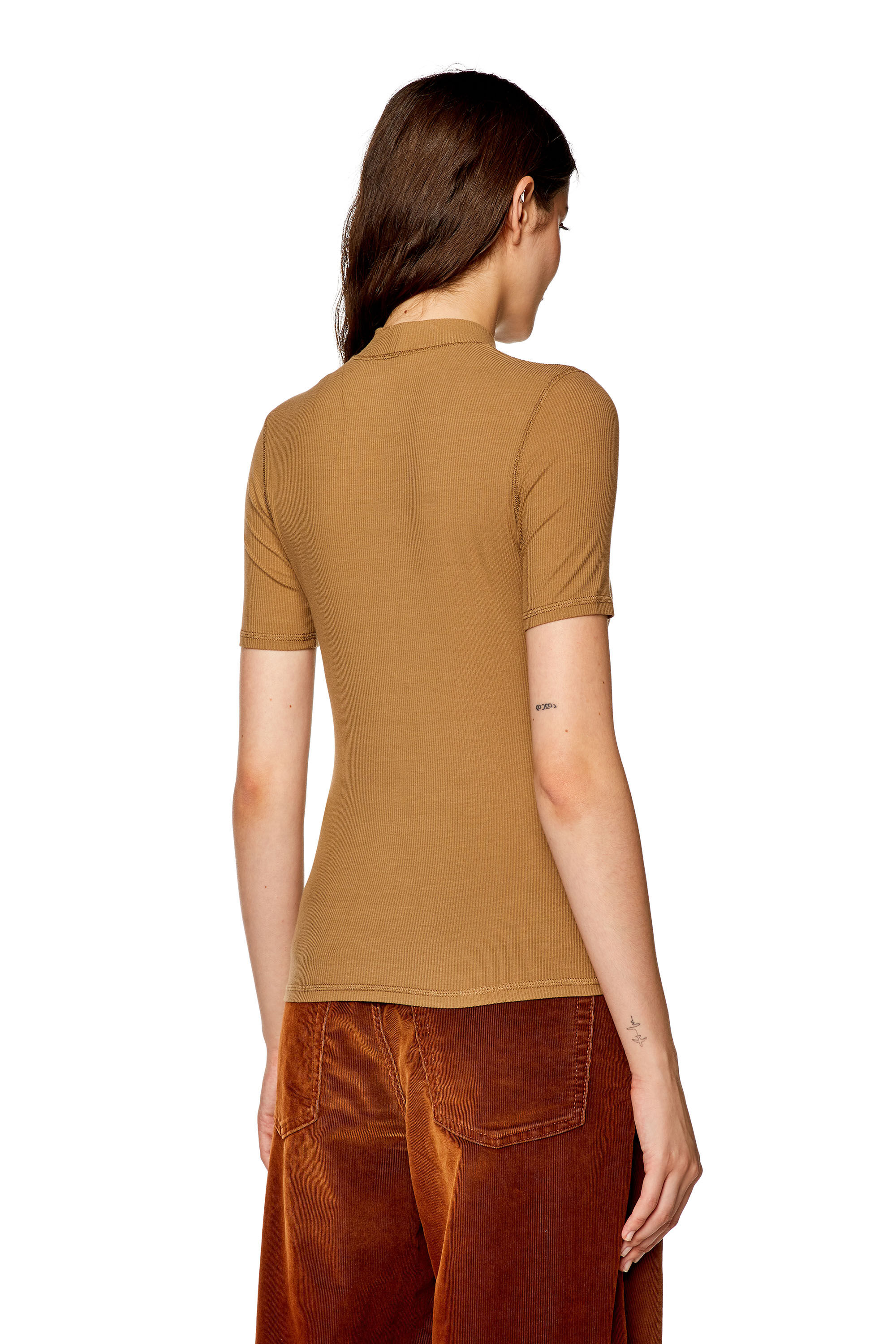 Diesel - T-MOKKY-MICRODIV, Woman's Ribbed T-shirt with mock neck in Brown - 4