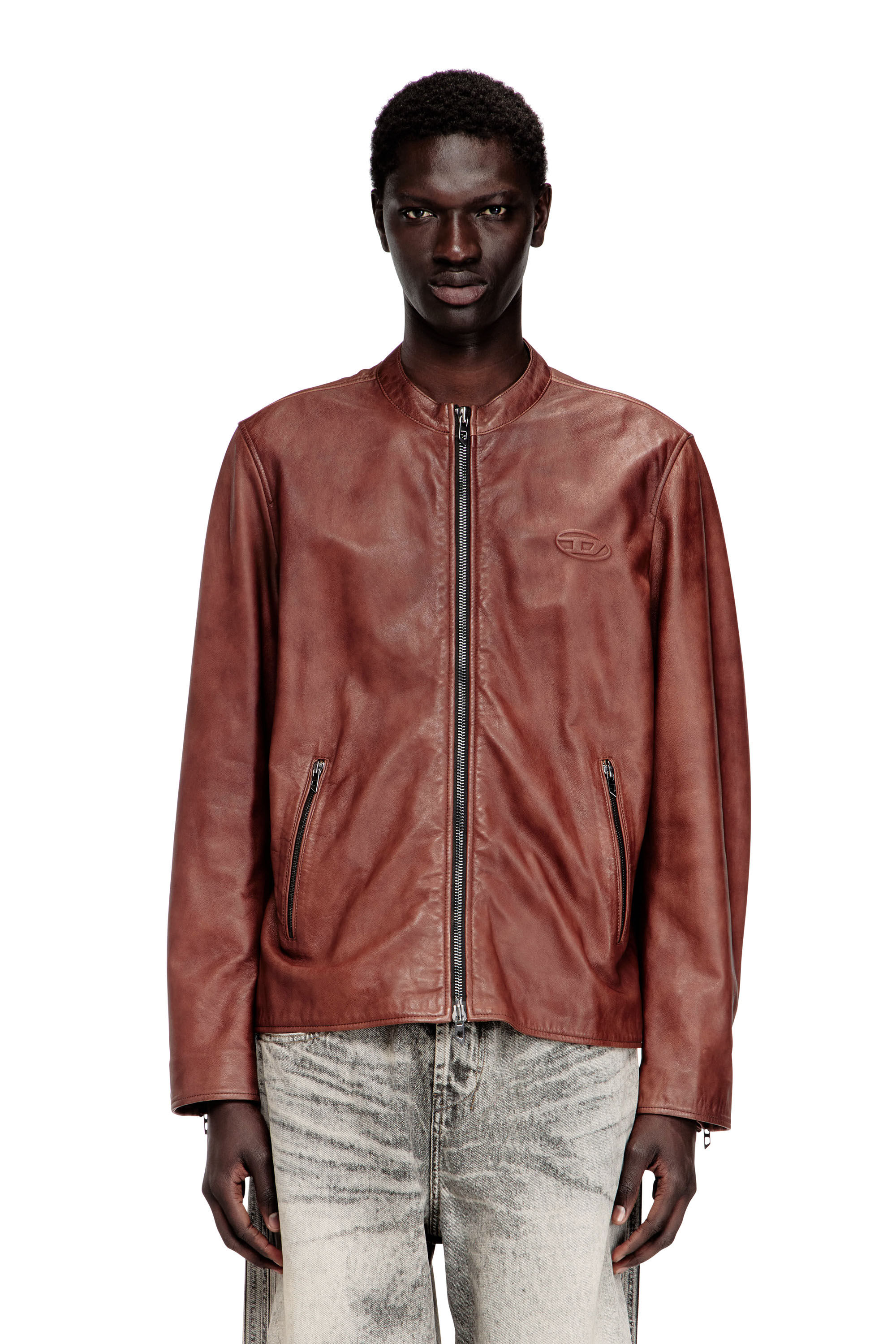 Men's Leather biker jacket with archival logo | Red | Diesel TW