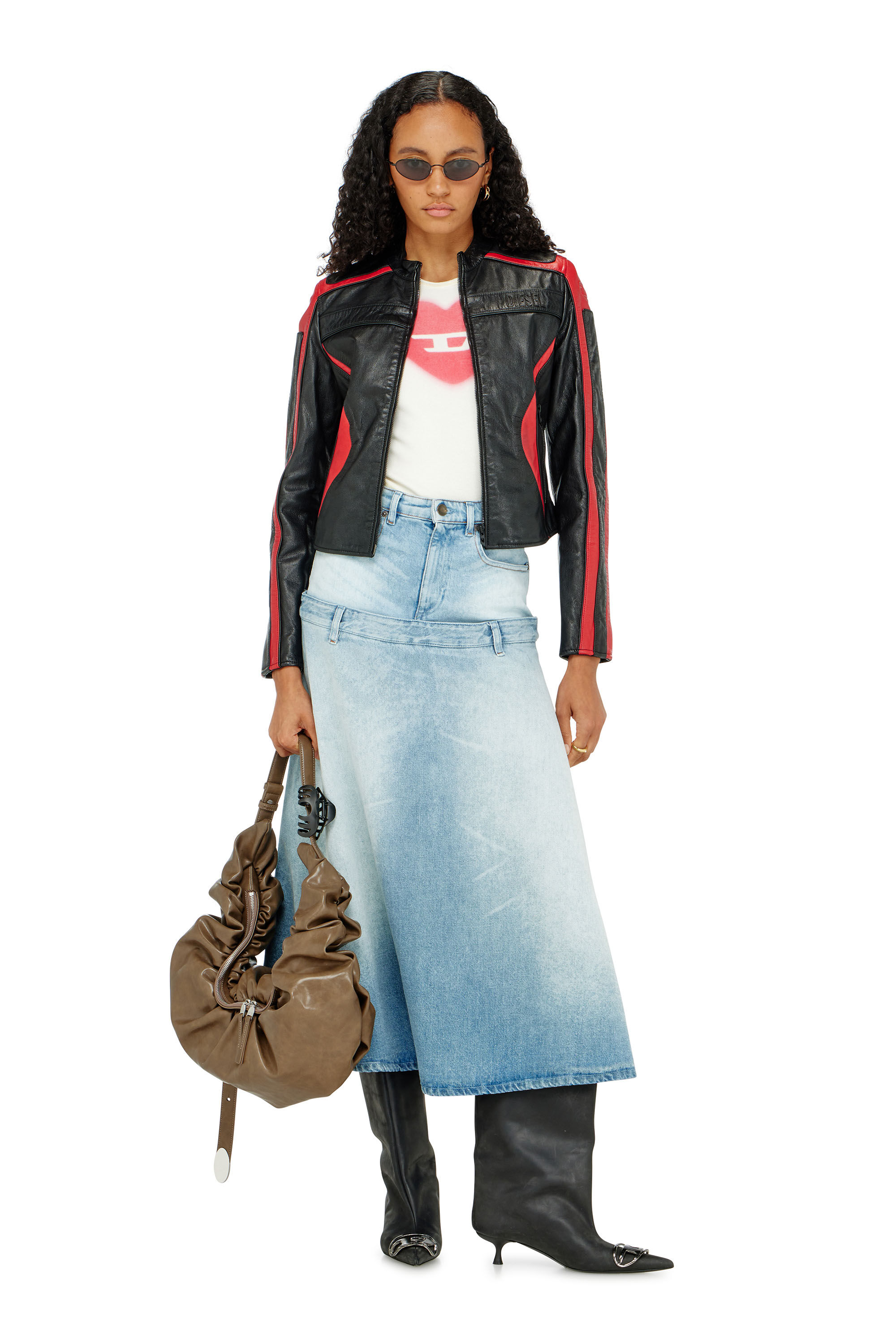 Diesel - L-OVABLE, Woman's Biker jacket in colour-block leather in Black/Red - 1