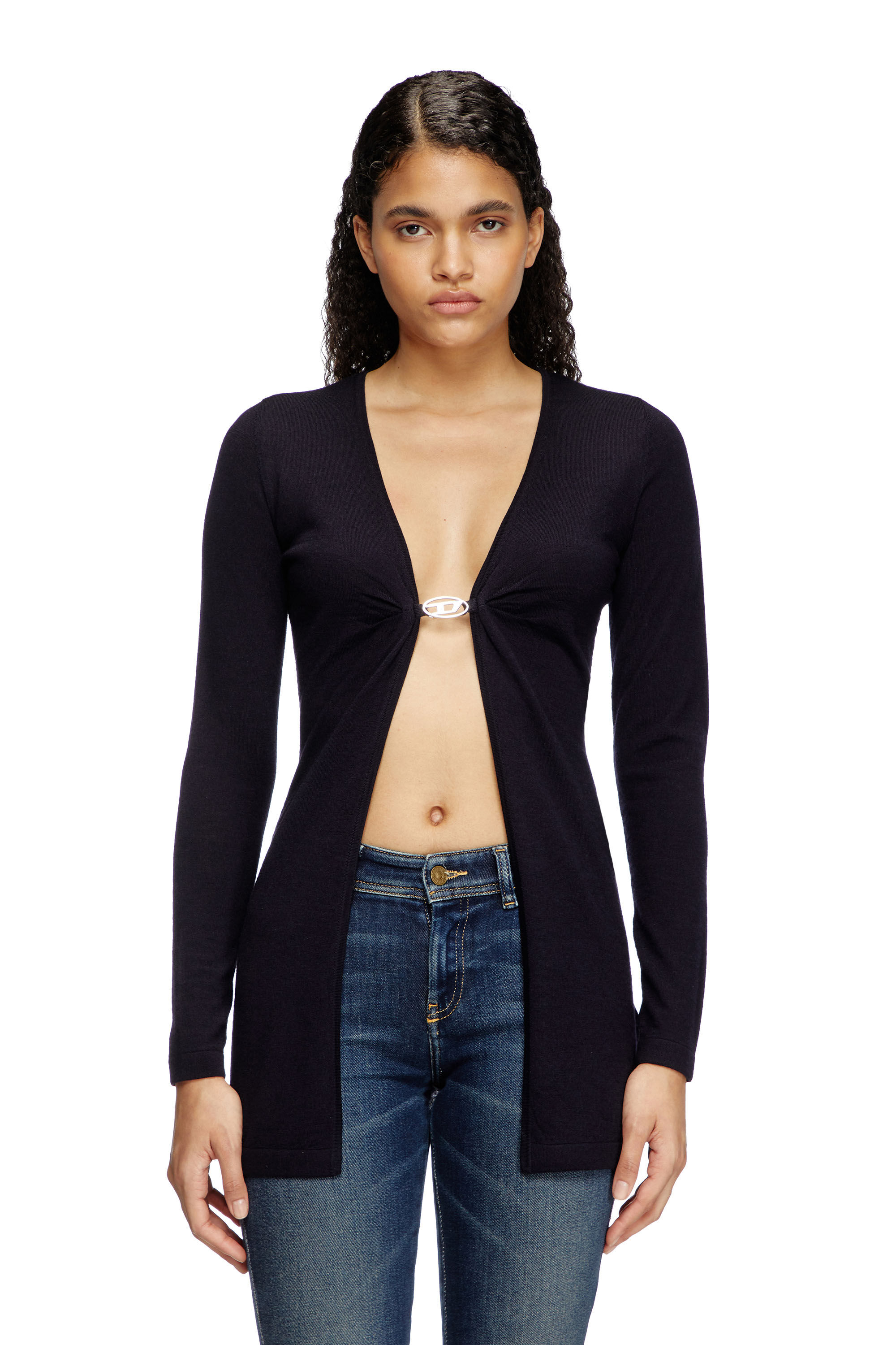 Diesel - M-PIERRY-LONG, Woman's Longline wool cardigan with open front in Dark Blue - 3