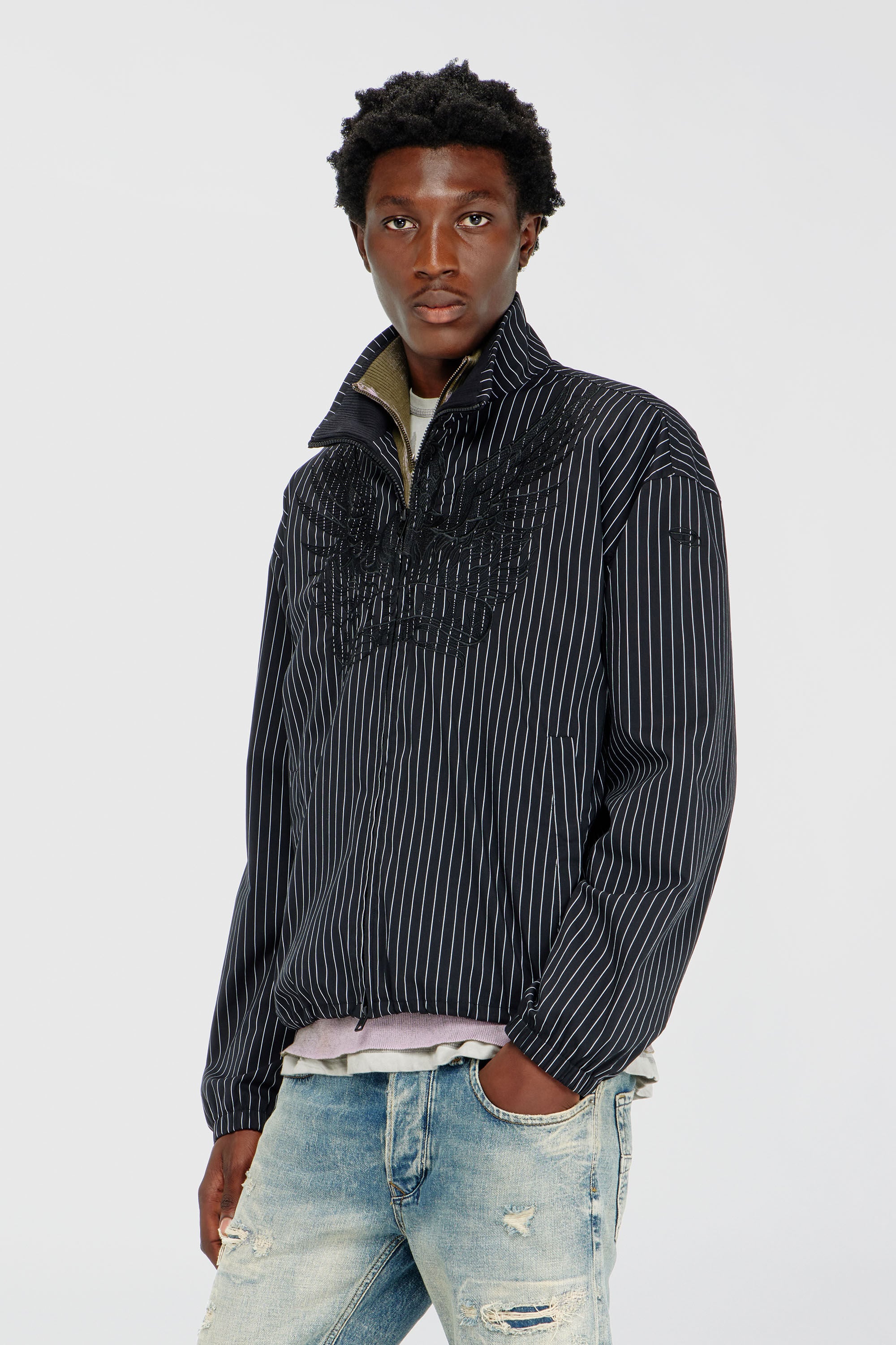 Diesel - J-CORSAR-NJCA, Man's Nylon pinstripe Jacket with Phoenix embroidery in Black - 3