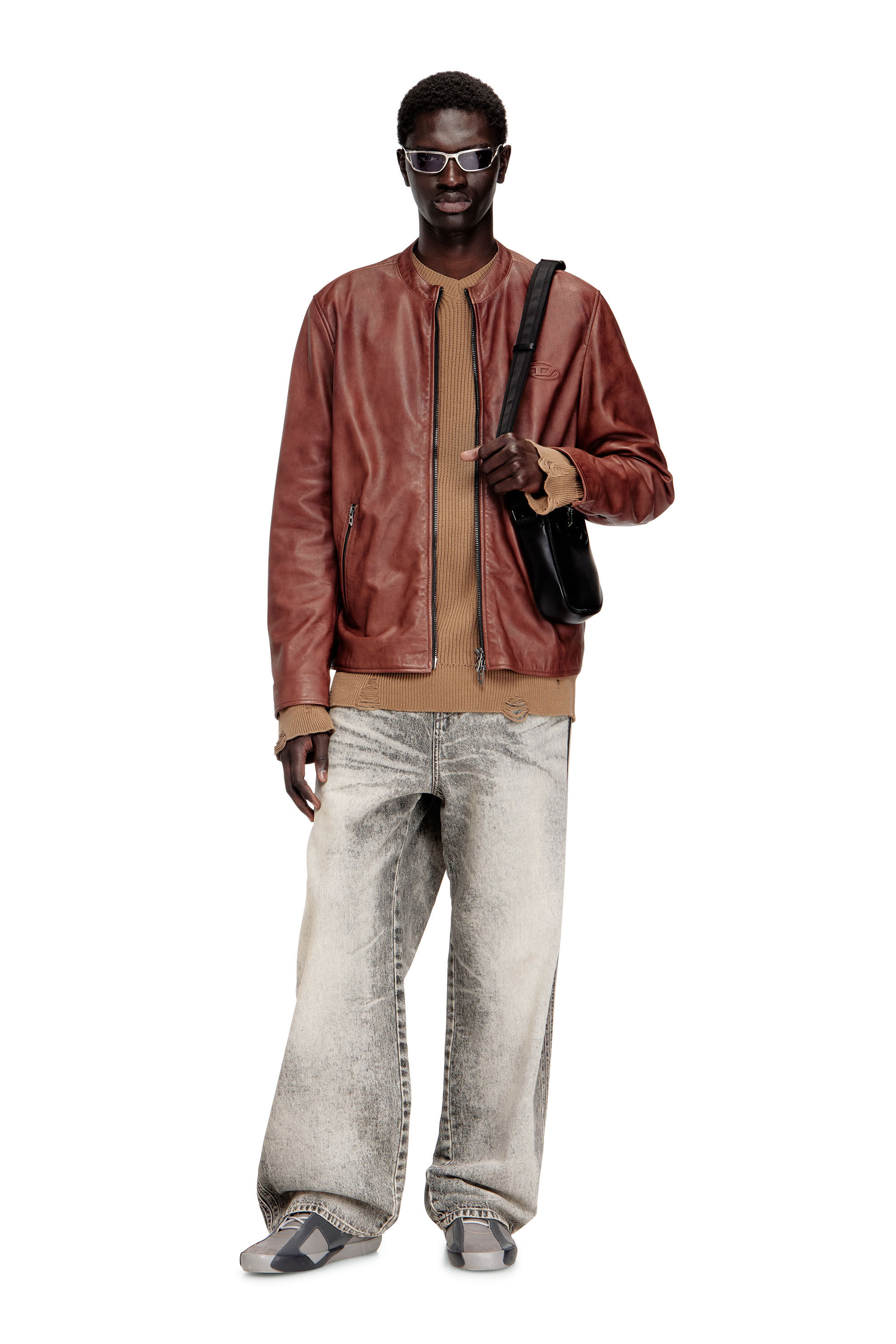 Men's Leather biker jacket with archival logo | Red | Diesel TW