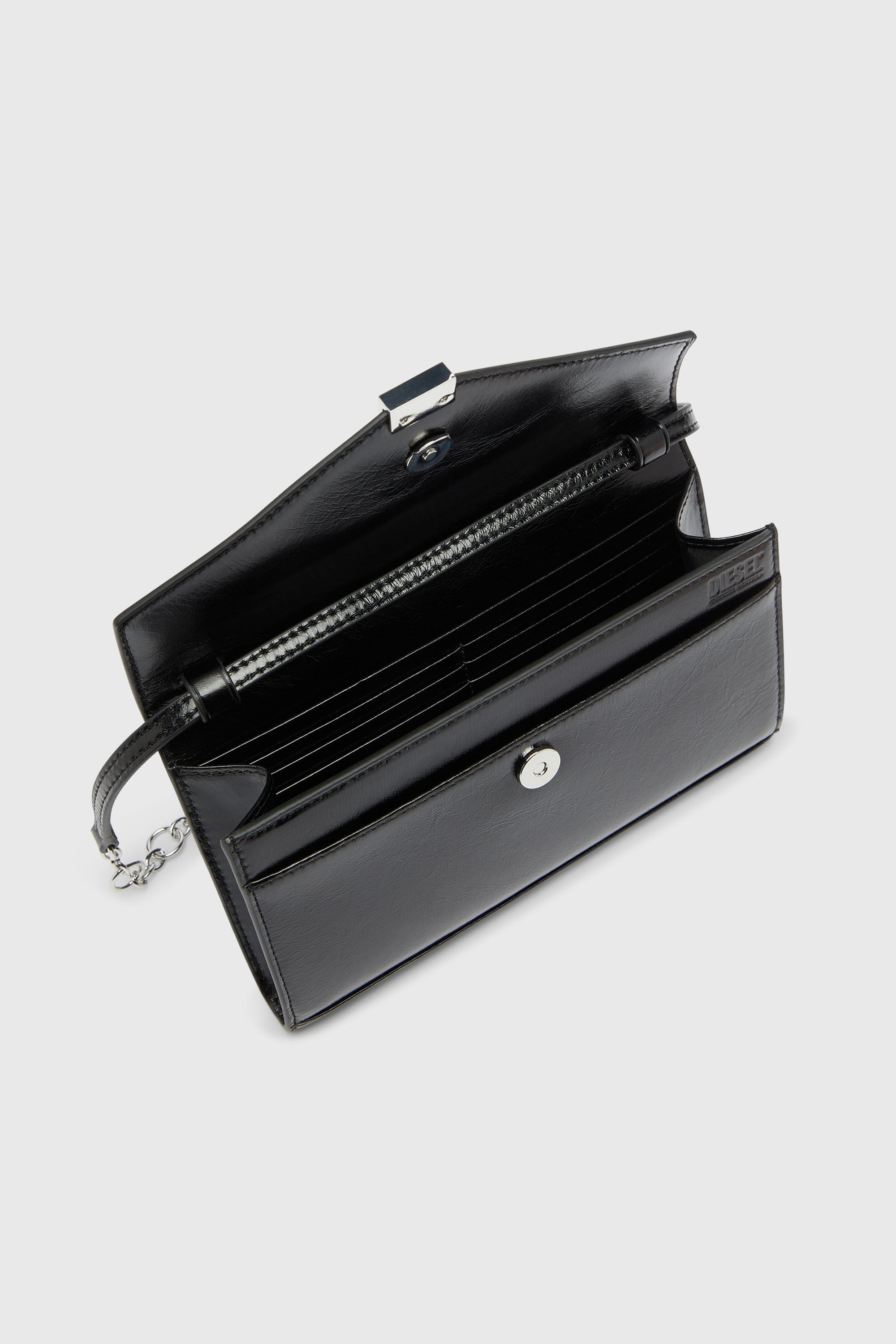 Diesel - D-ENVELOP WALLET ON CHAIN, Woman's Wallet purse in shiny wrinkled leather in Black - 4