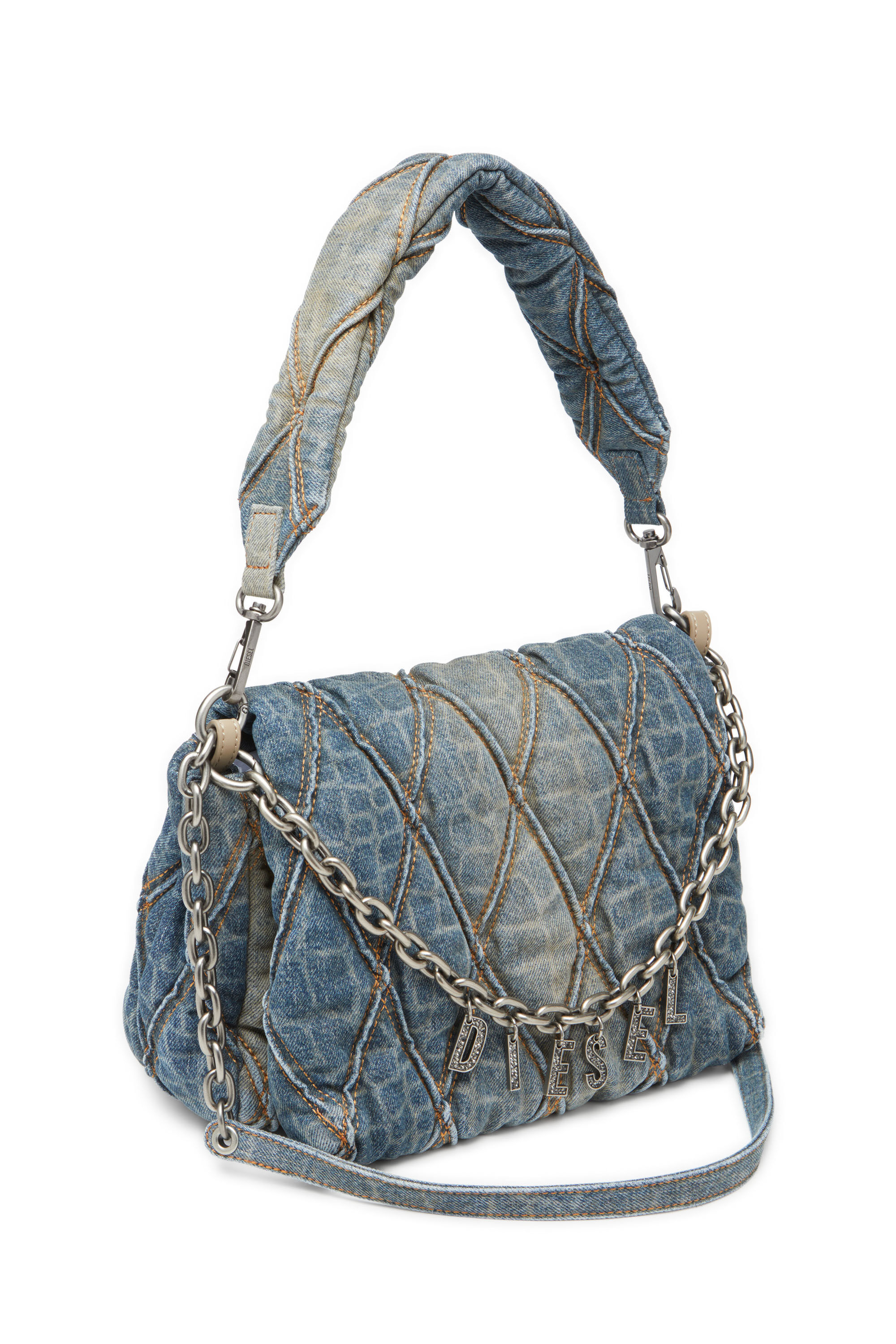 Diesel - CNY CHARM-D SHOULDER M, Woman's Shoulder bag in snake-print quilted denim in Blue - 2