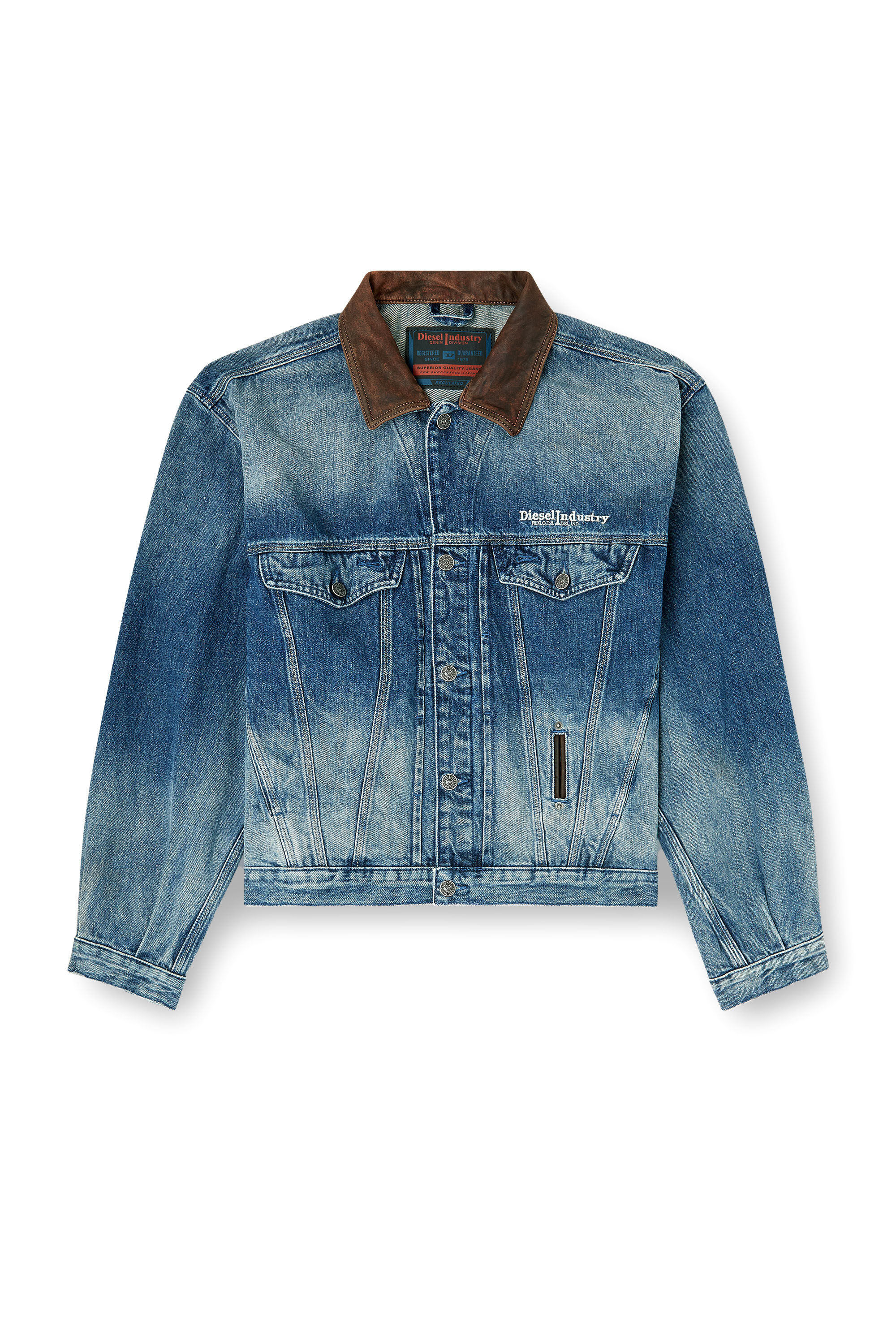 Diesel - D-DENVER-S1, Unisex's Denim trucker jacket with contrast leather trims in Blue - 2