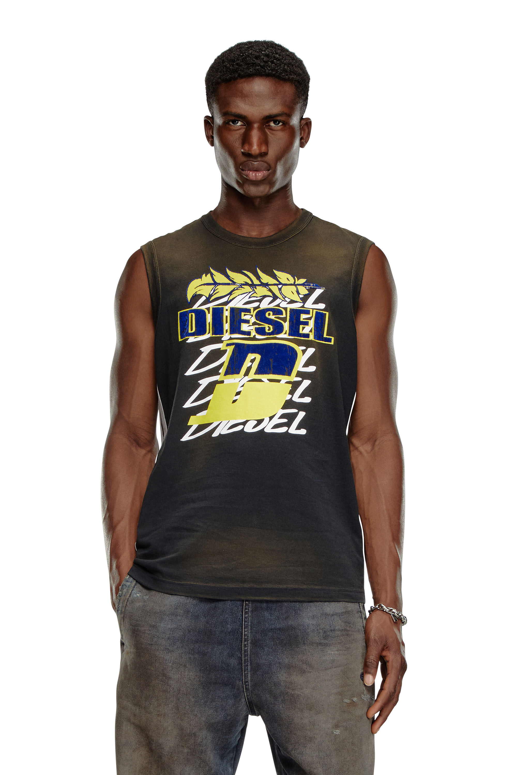 Diesel - T-BISCO-STRIPE, Man Sun-faded tank top with side bands in Black - Image 1