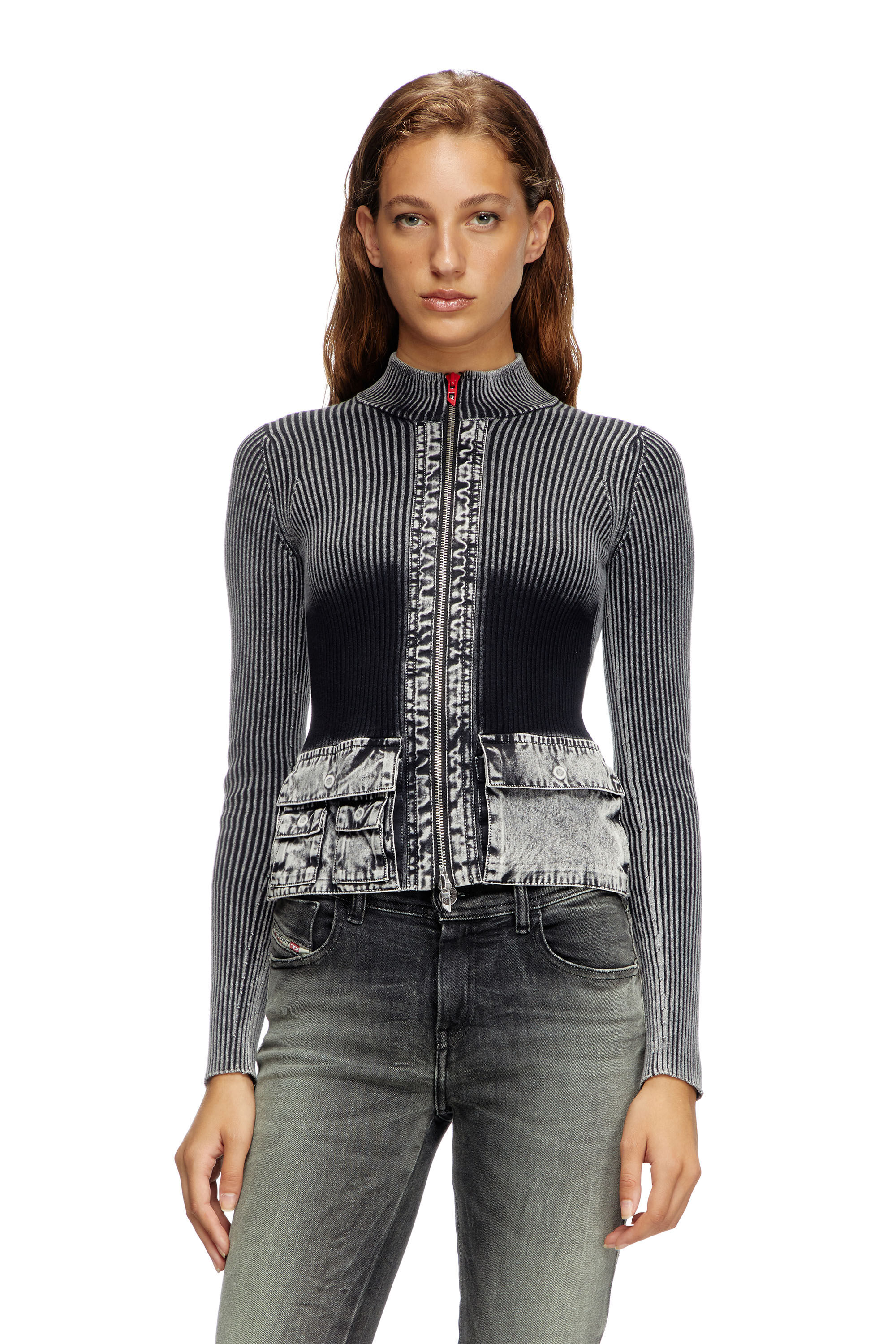 Diesel - M-MELISSA, Woman's Zip-up cardigan with denim cargo pockets in Dark grey - 3