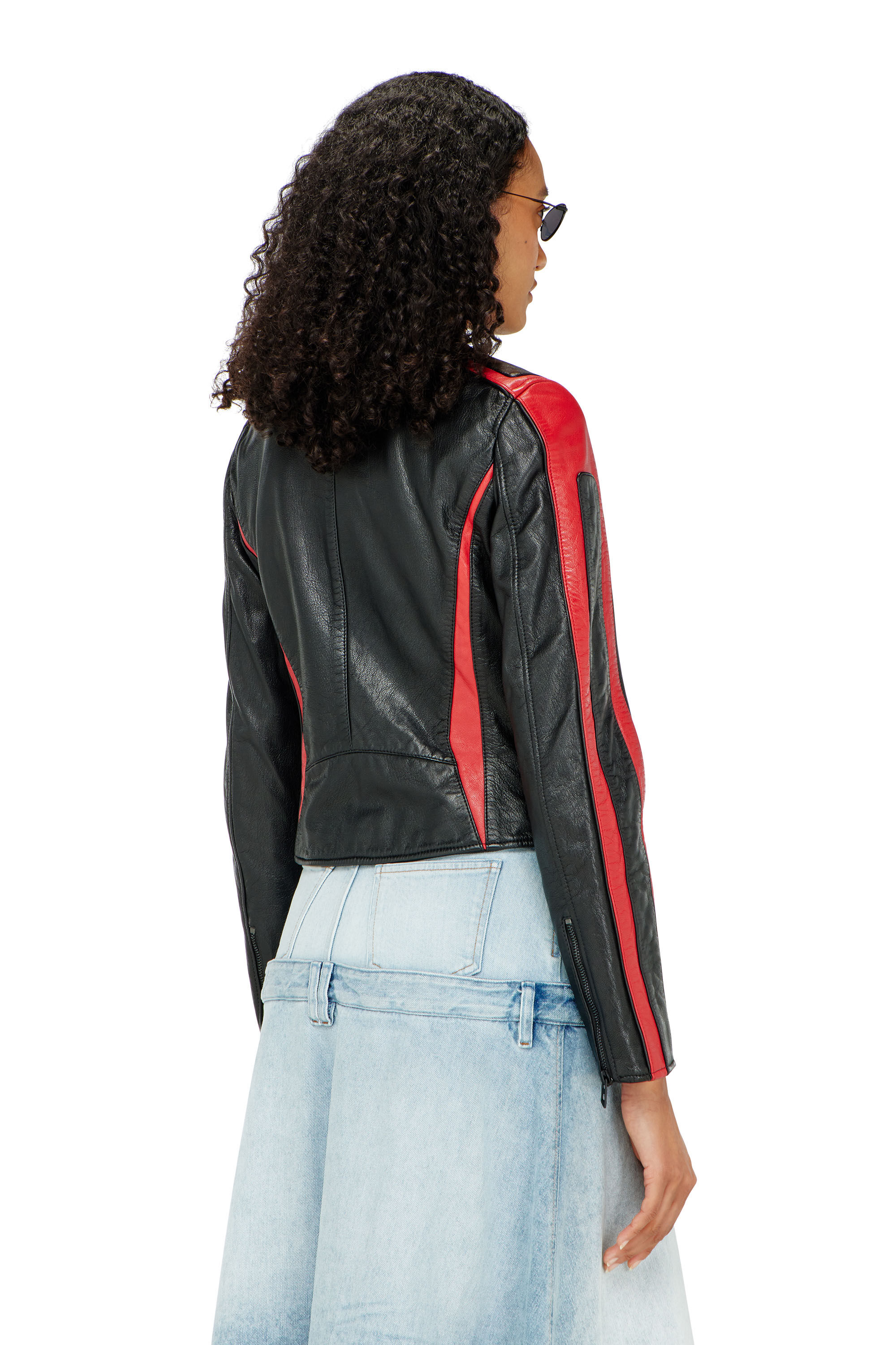 Diesel - L-OVABLE, Woman's Biker jacket in colour-block leather in Black/Red - 4