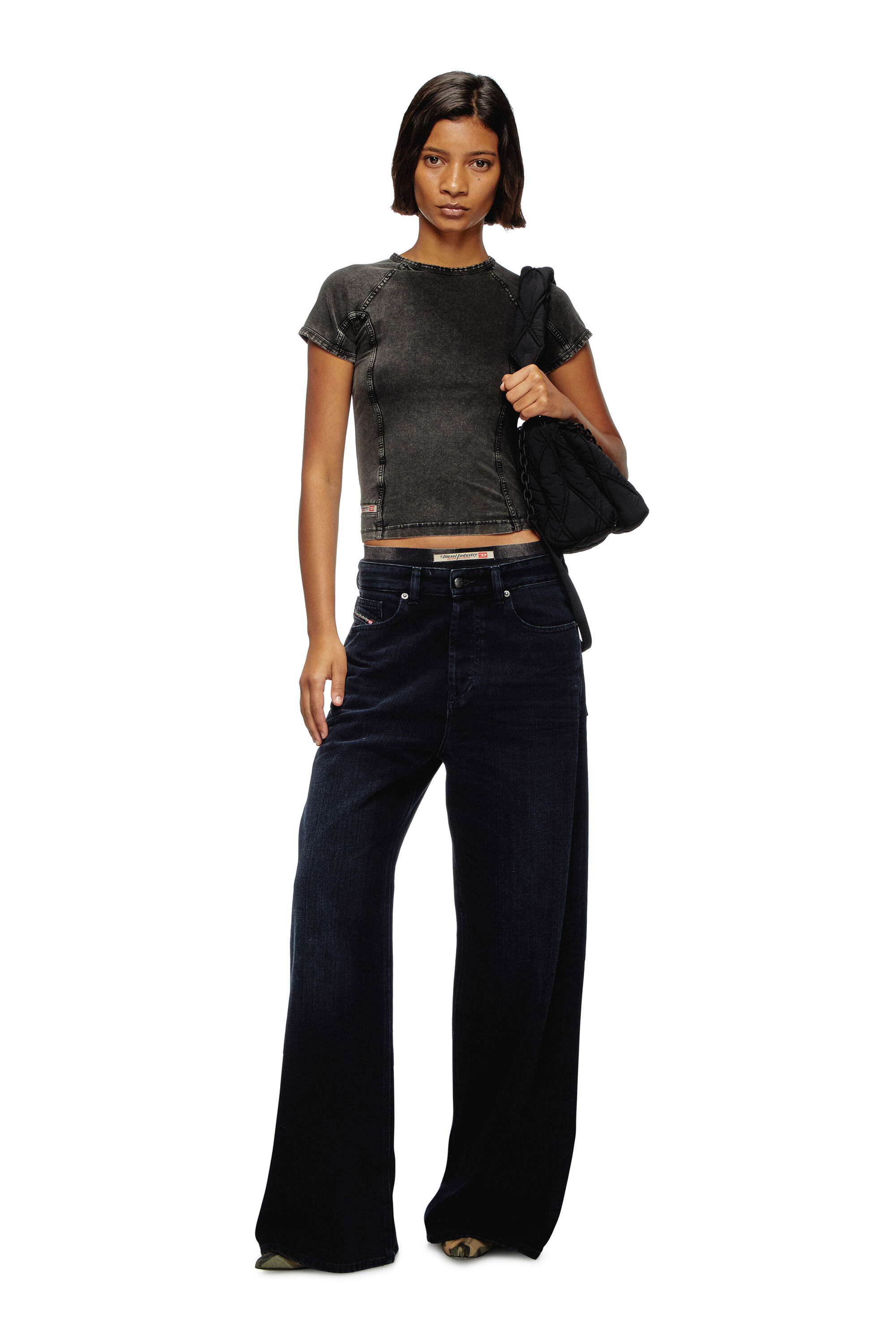 Women's Charm-D Shoulder M bag in quilted Denim | Black | Diesel