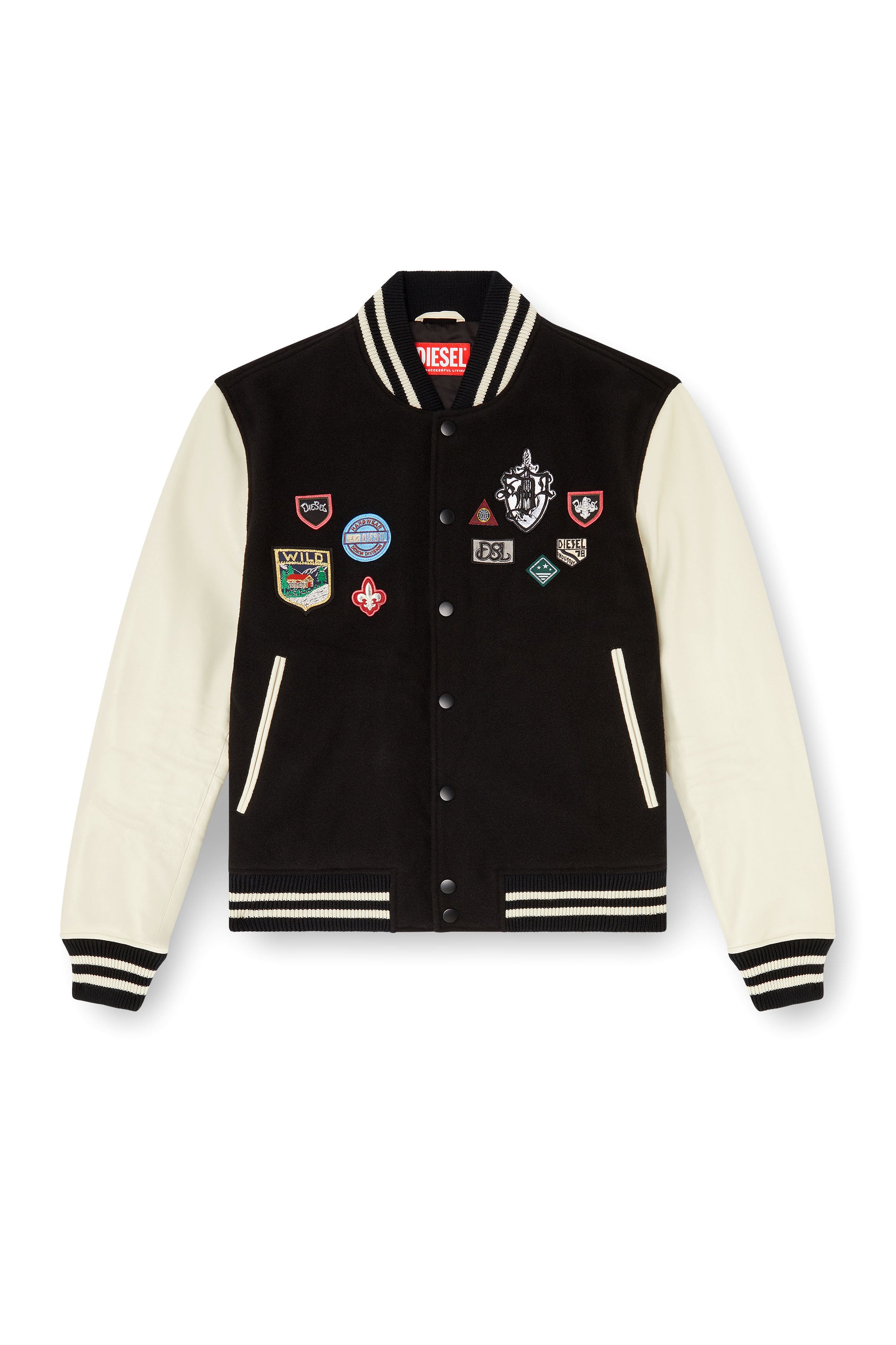 Diesel - L-ARRY-PATCH, Man's Wool and leather bomber jacket with patches in White/Black - 3
