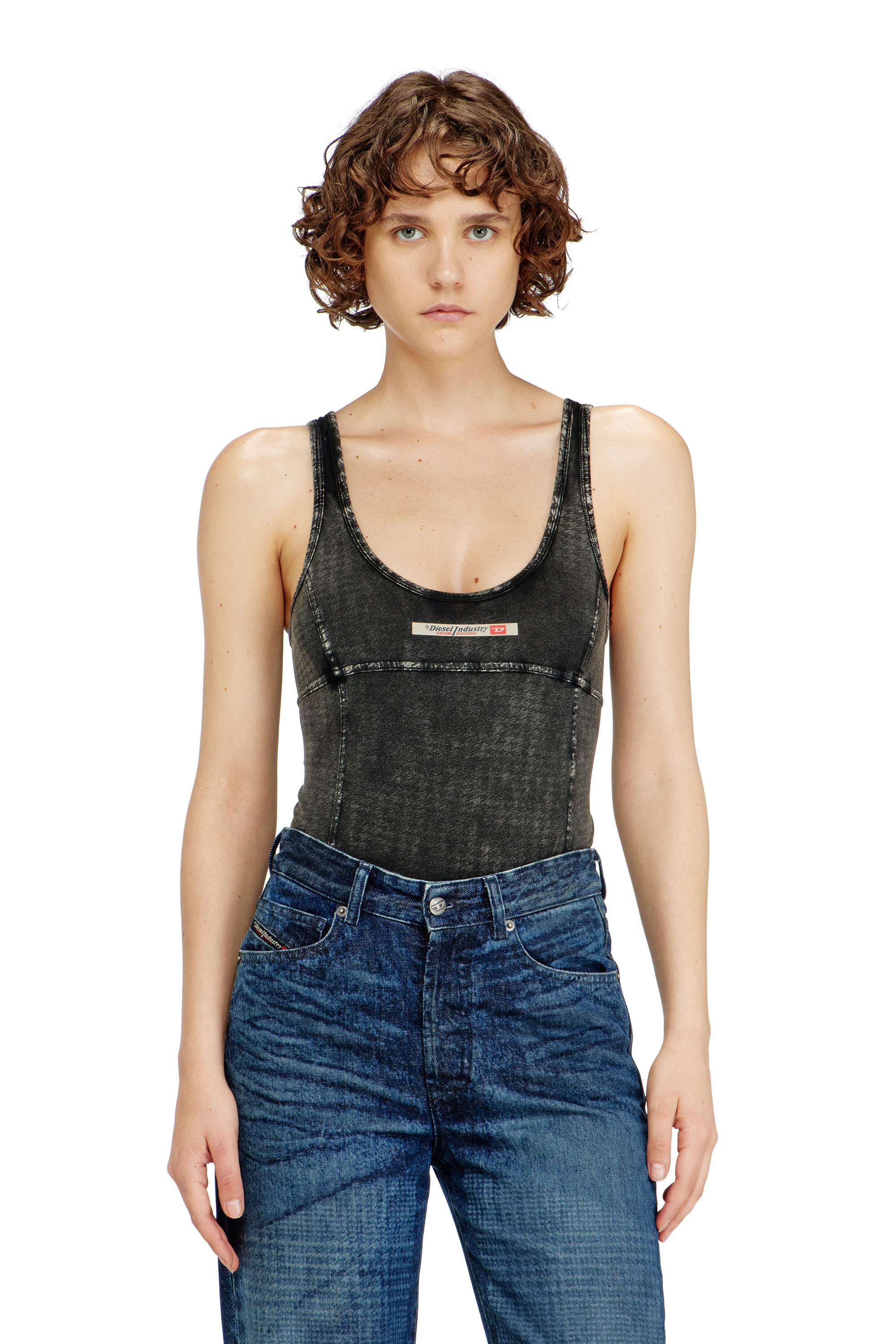 Diesel - PHOEBE-DNM, Woman's Cotton bodysuit with houndstooth print in Dark grey - 2