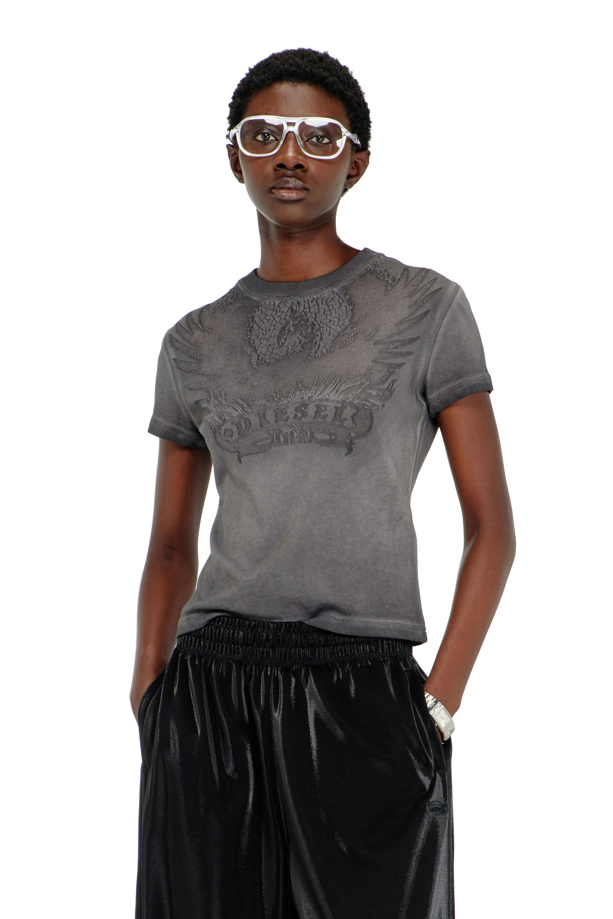 Diesel - T-ILA-AA7, Woman's Slim T-shirt with d&eacute;vor&eacute; Phoenix in Dark grey - 1