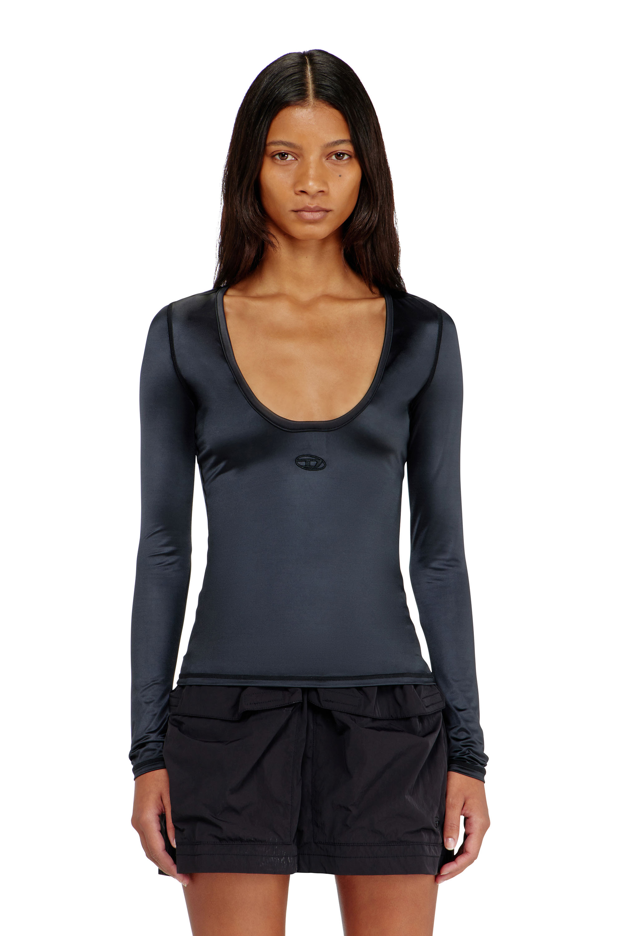 Diesel - T-ELPHIN-LS, Woman's Nylon slim top scoop neck with Logo Oval D embroidery in Black - 3