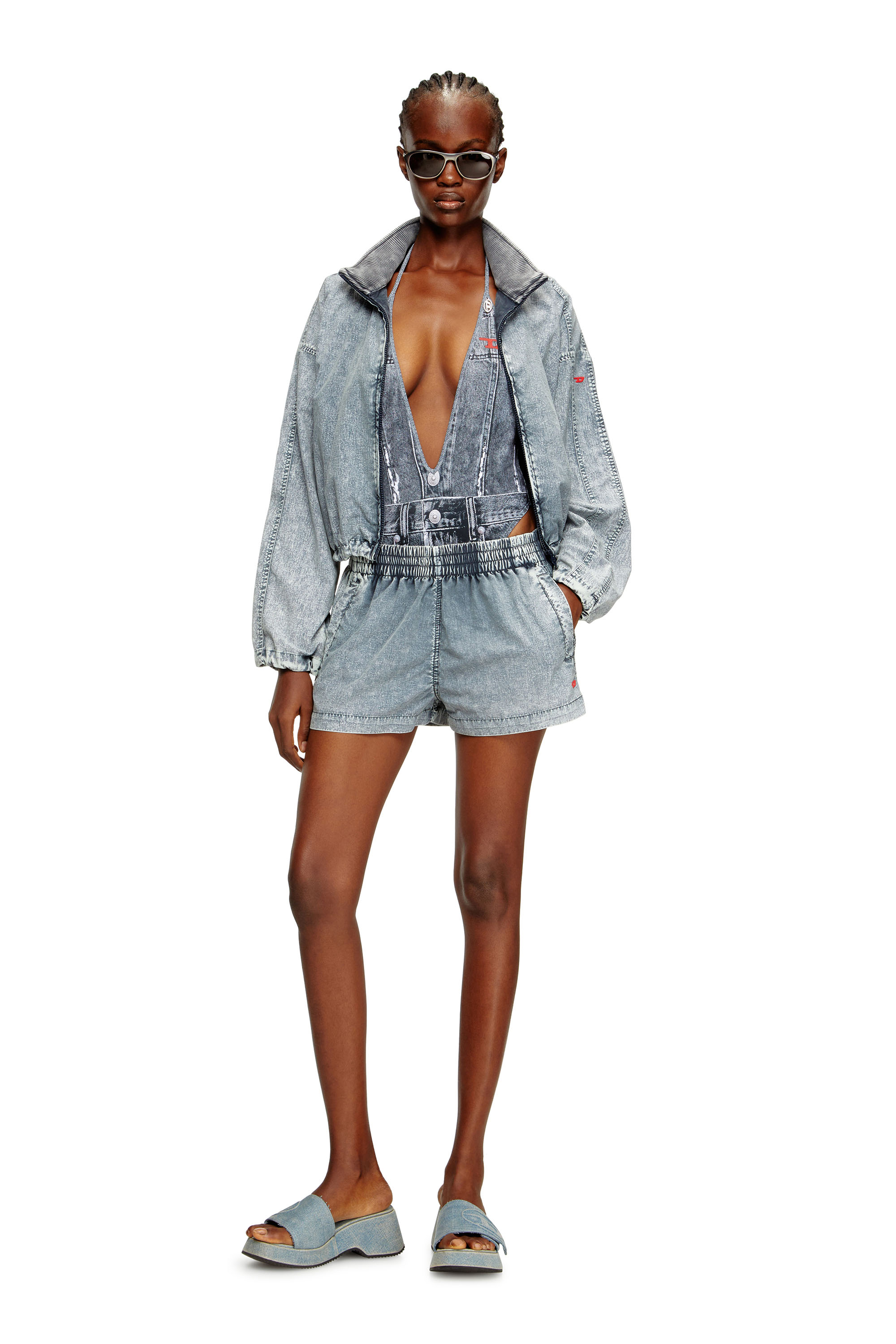 Diesel - KINSLEY-DNM, Woman's Plunging swimsuit with denim trompe l'oeil in Blue - 5