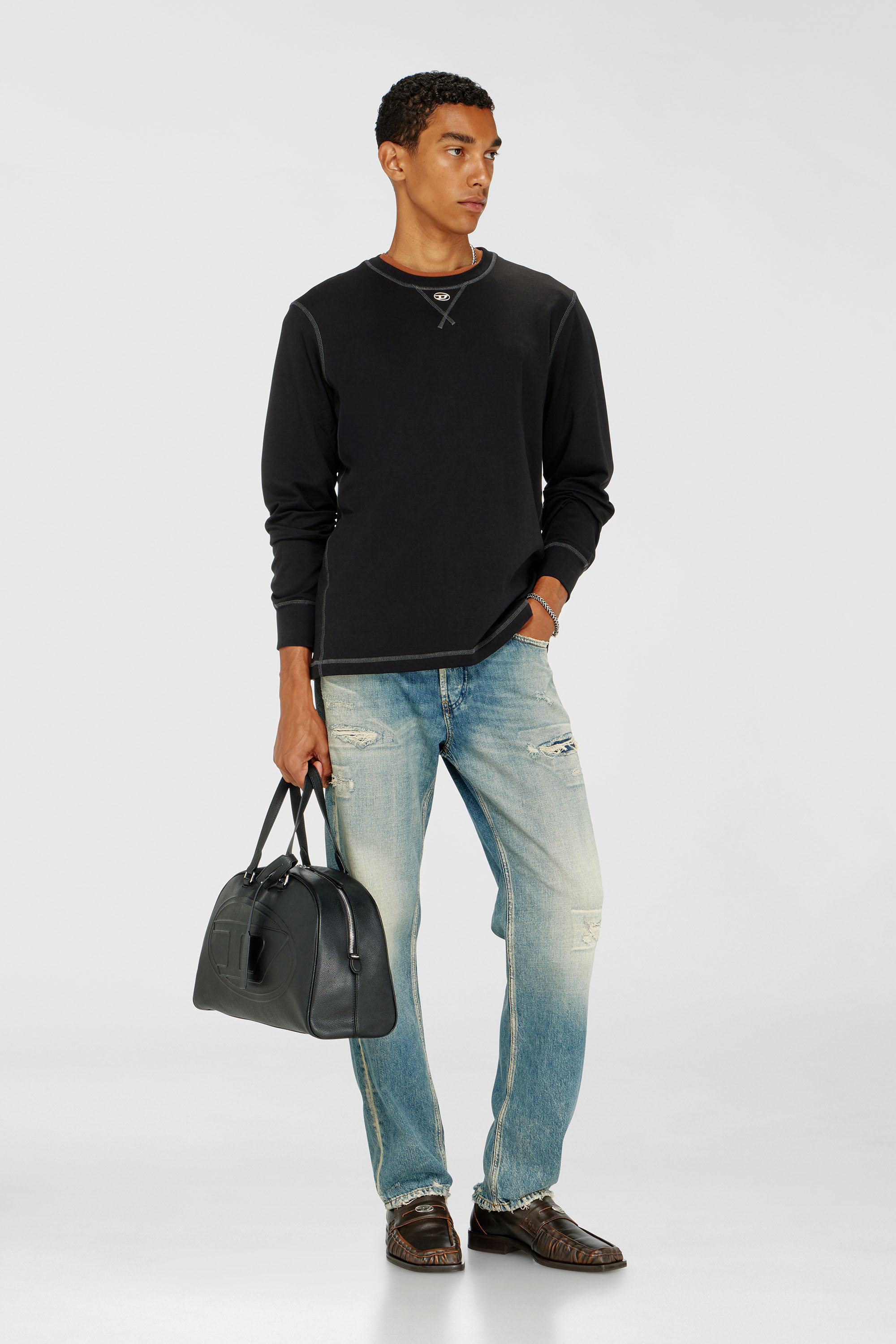 Diesel - T-MADJUST-LS-TR, Man's Cotton long-sleeve T-shirt with Oval D in Black/White - 1