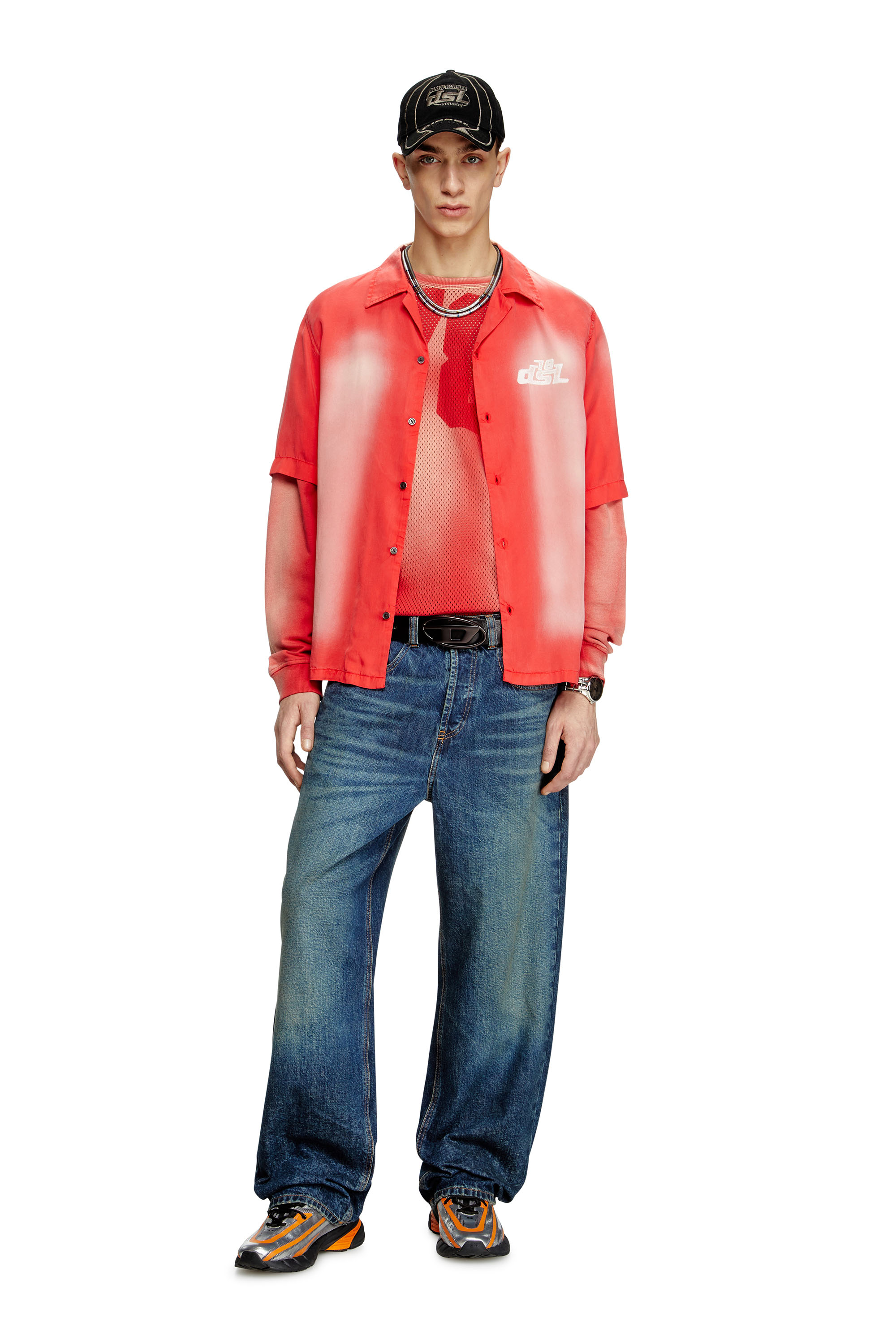 Diesel - S-ELLY, Man's Faded bowling shirt with logo prints in Red - 2