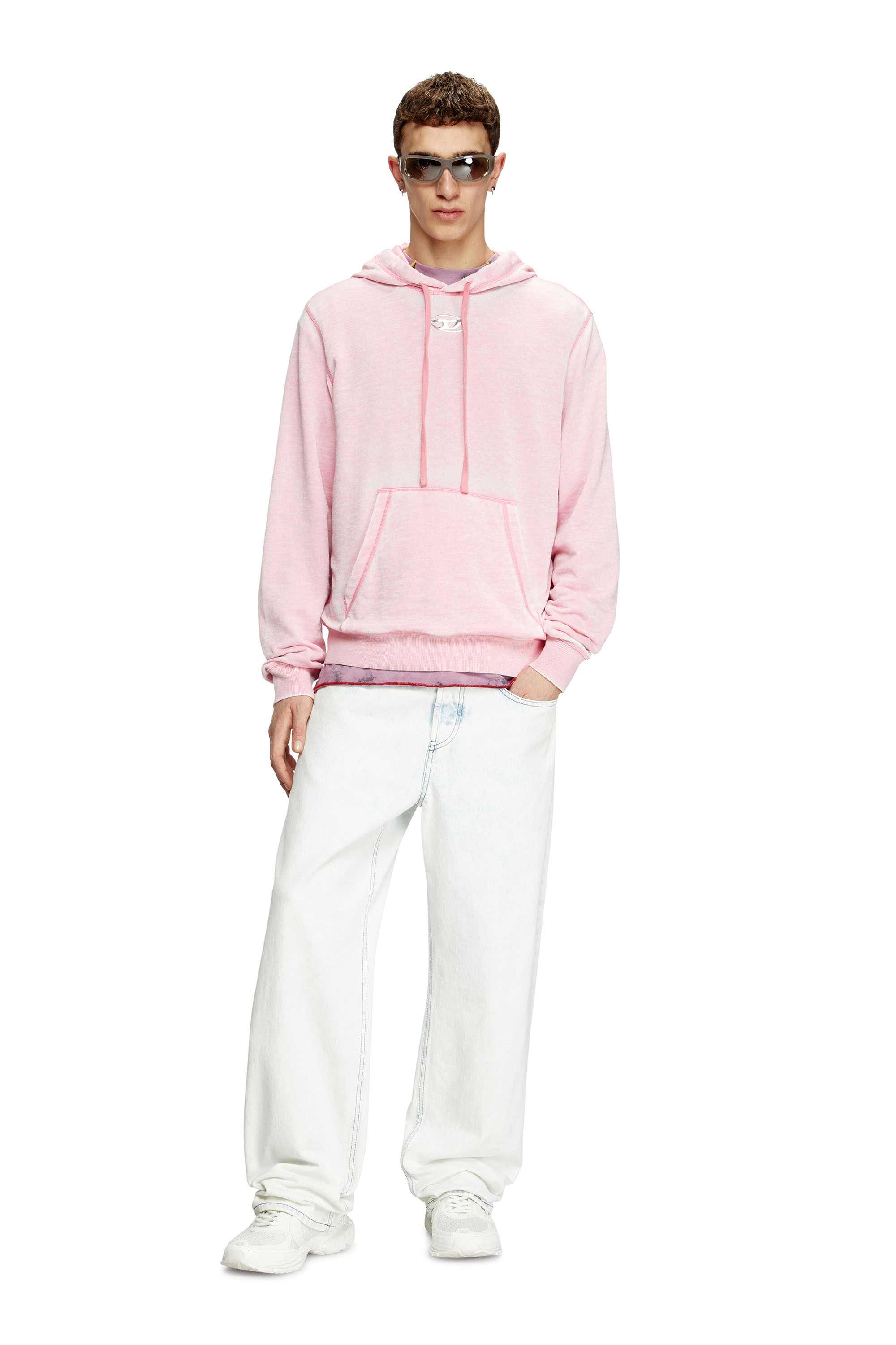 Diesel - S-GINN-HOOD-PAK, Man's Burnout hoodie with metal-look logo in Pink - 1