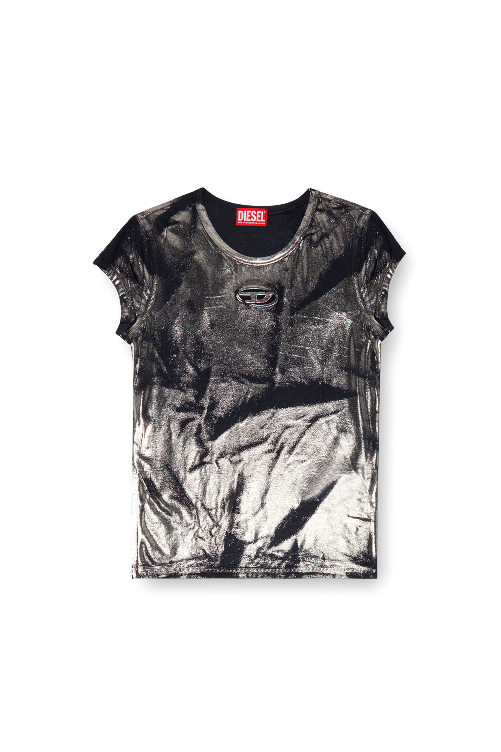 Diesel - T-ANGIE-P1, Woman's Foiled T-shirt with cut-out logo in Black - 4