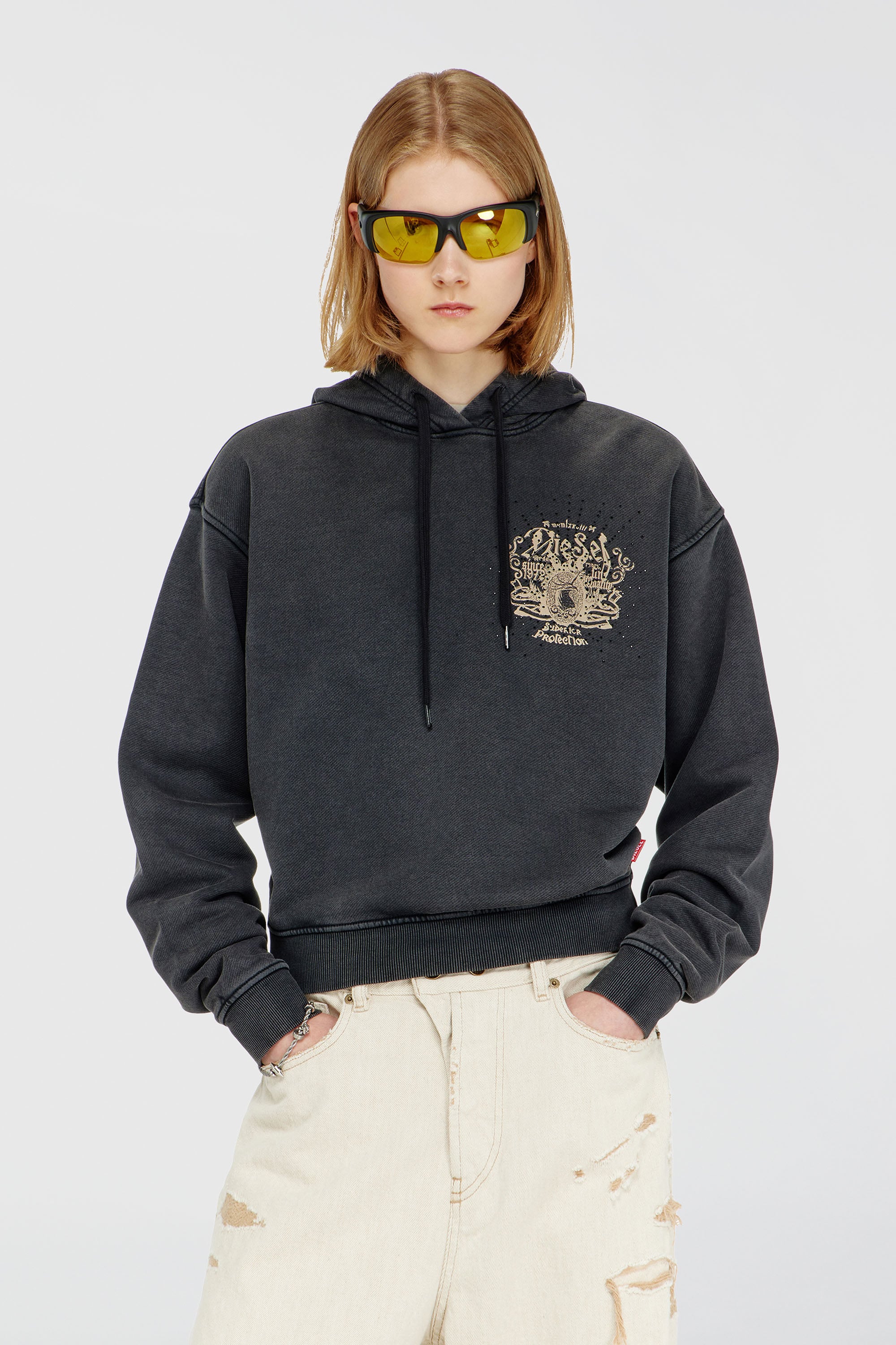 Diesel - F-PHOENY, Woman's Hoodie with prints and rhinestone studs in Black - 3