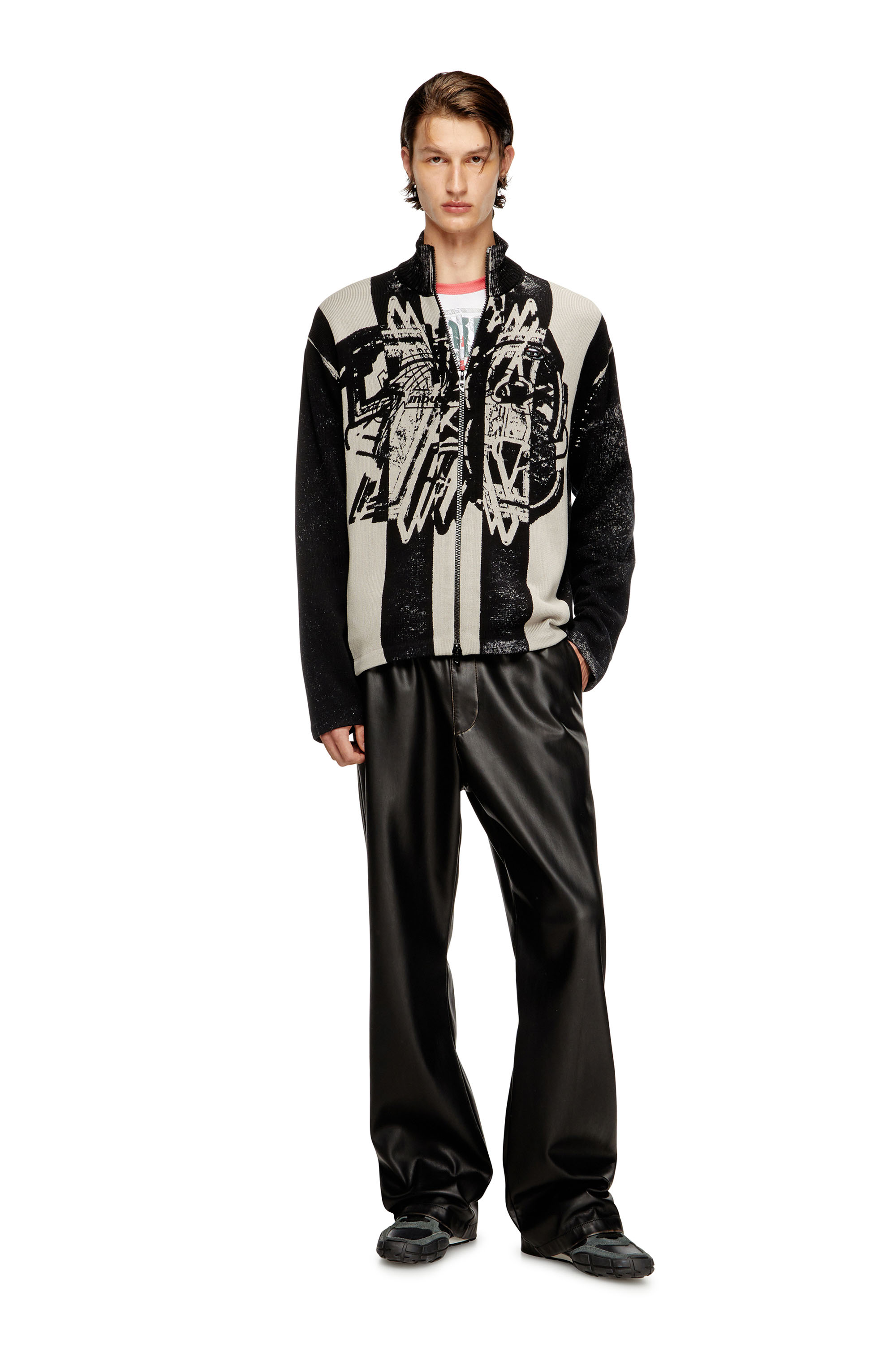 Diesel - K-OLIBA-JKT, Man's Inside-print striped zipped cardigan in Black/White - 2