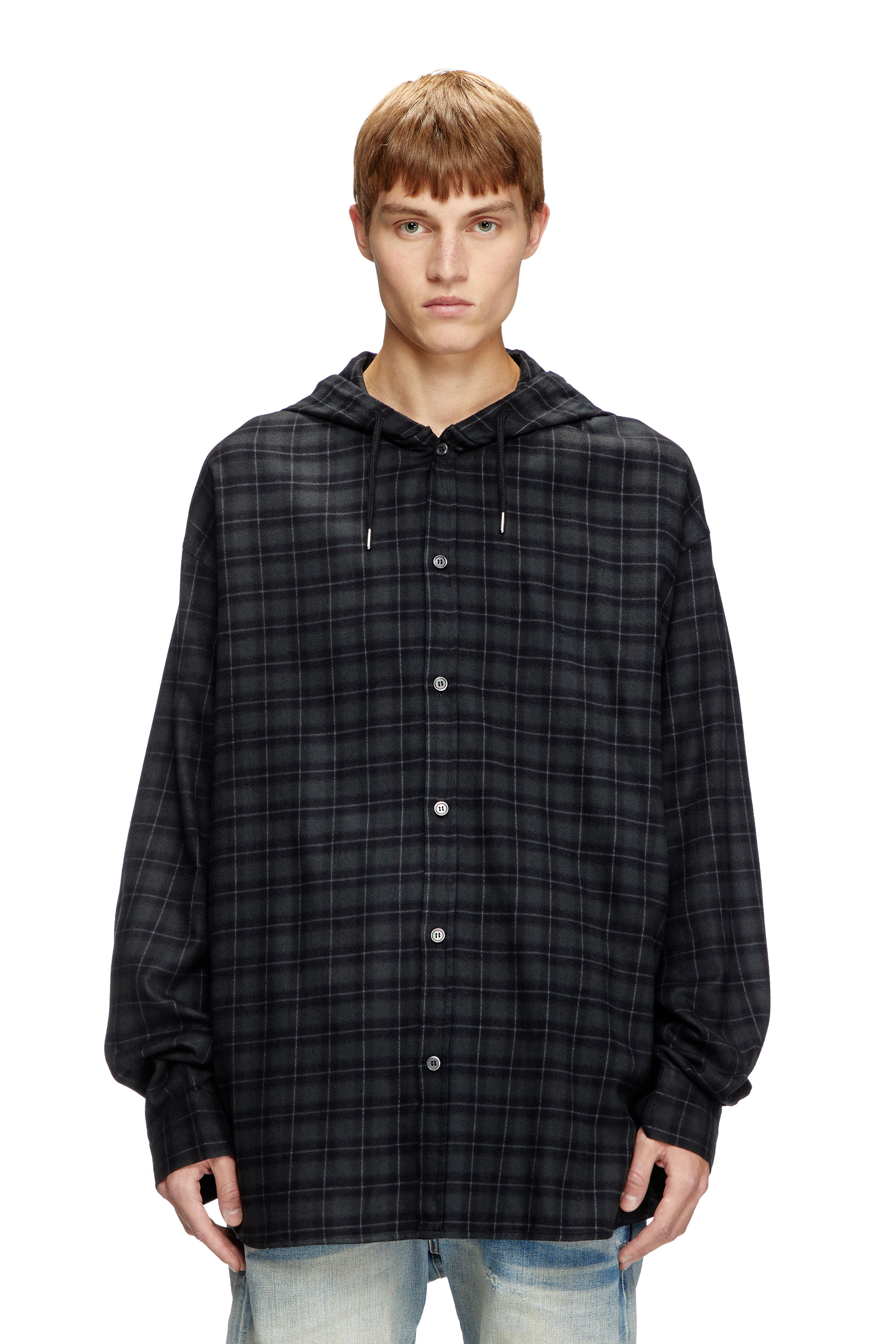 Diesel - S-DEWNY-HOOD-B, Man's Hooded shirt in check flannel in Black - 1