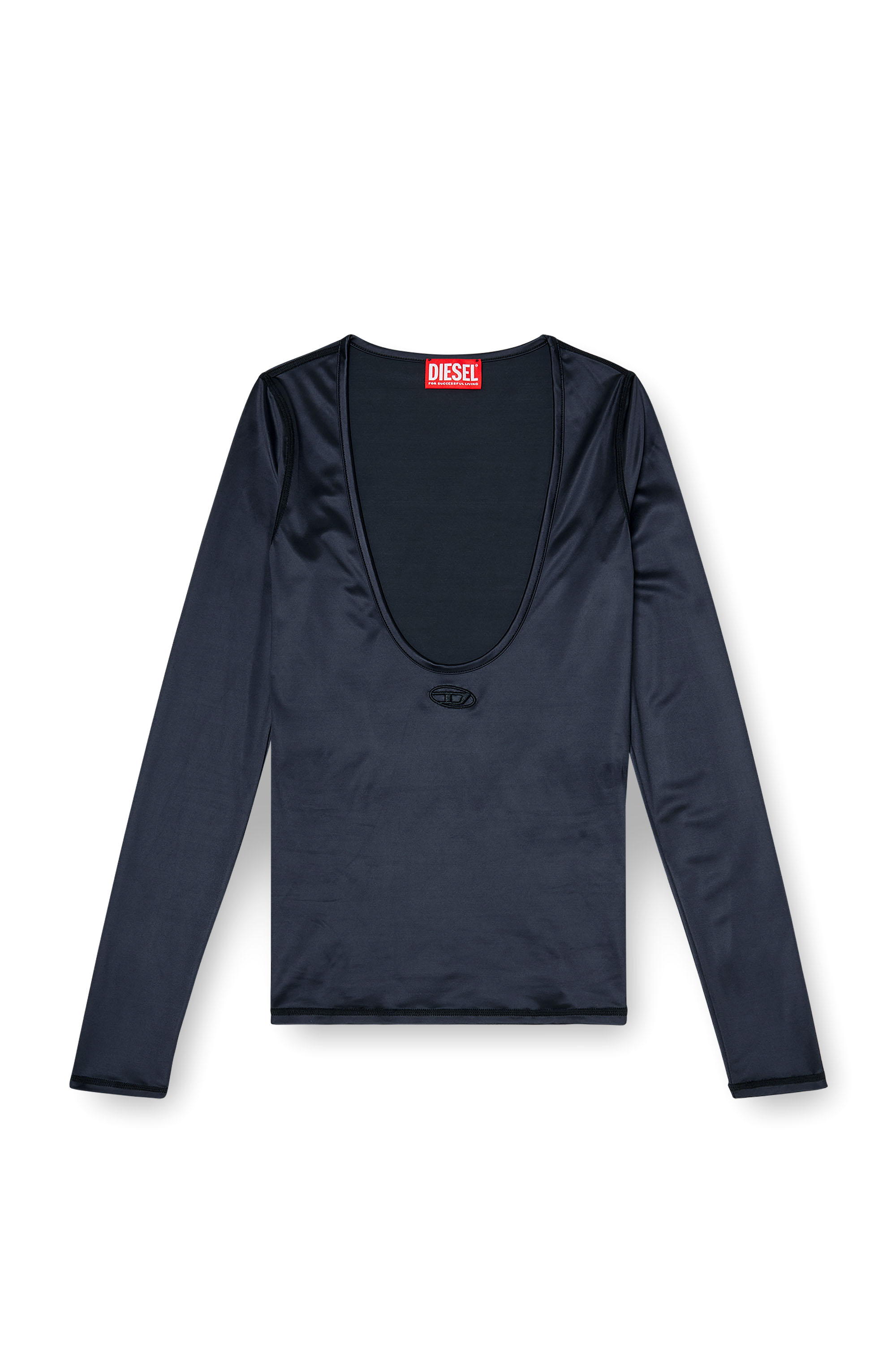 Diesel - T-ELPHIN-LS, Woman's Nylon slim top scoop neck with Logo Oval D embroidery in Black - 2