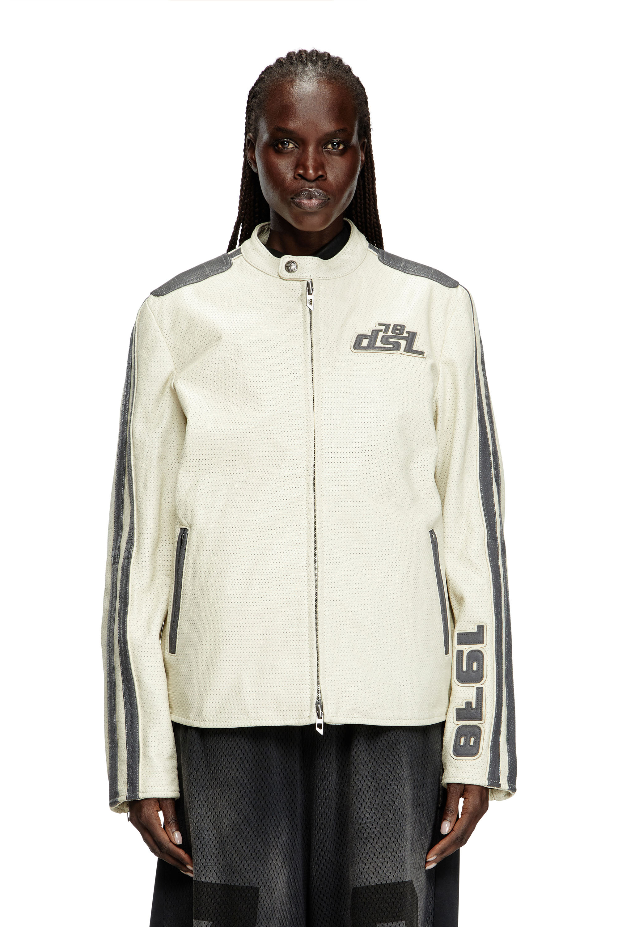 Diesel - L-POP, Unisex's Biker jacket in perforated leather in White - 6