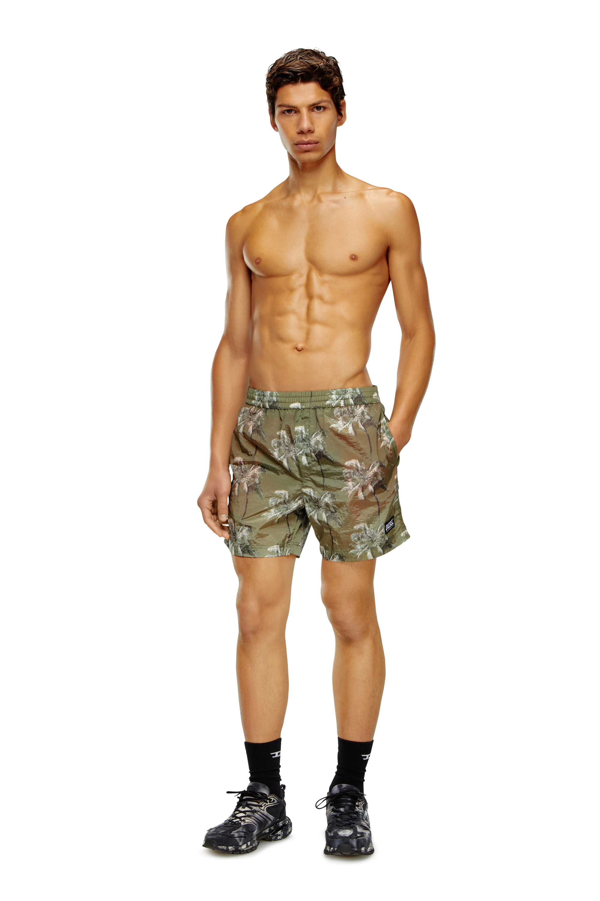 Palm-tree board shorts in crinkled fabric