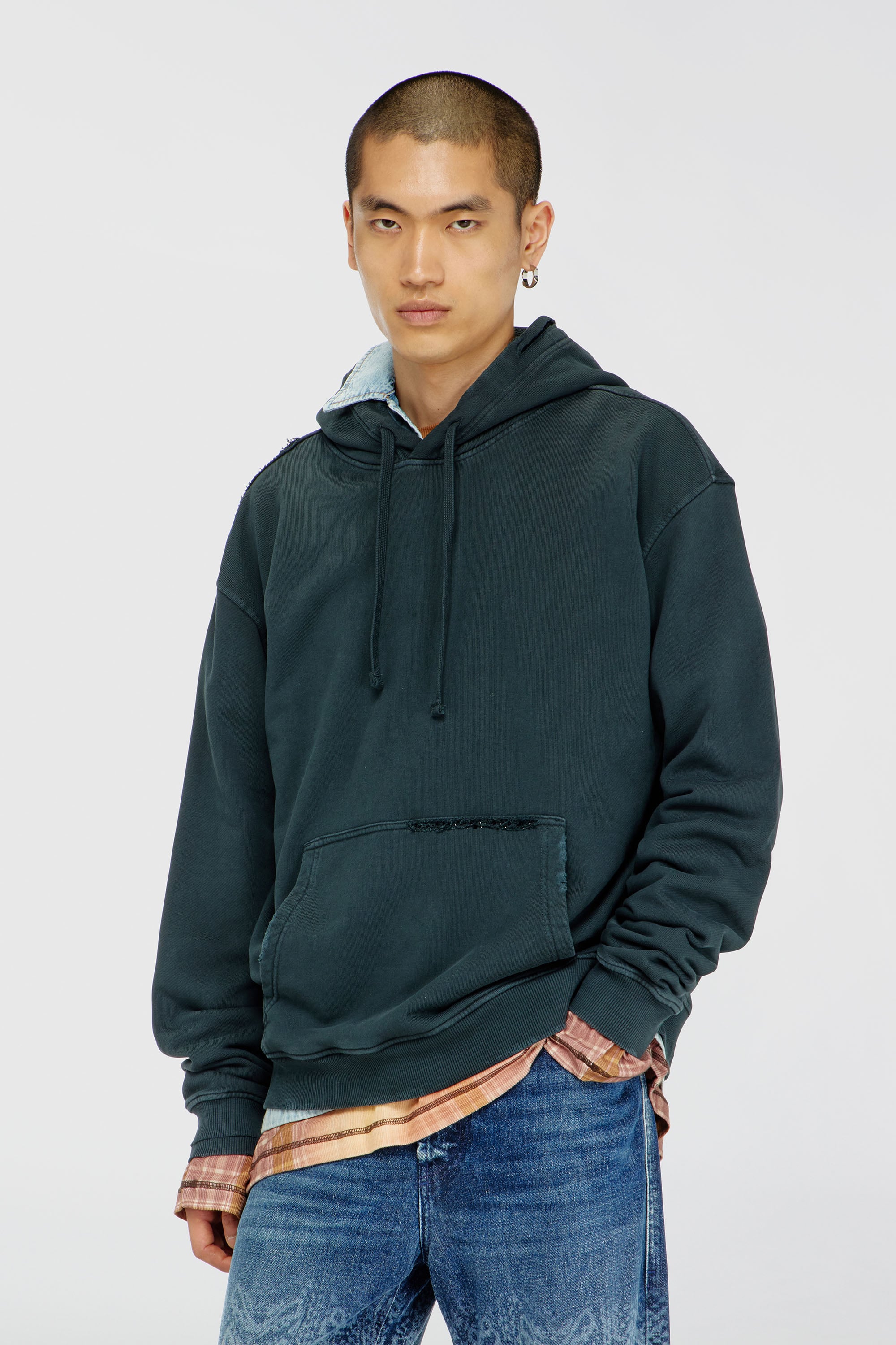 Diesel - S-NORM-HOOD-CRYSTALS, Man's Hoodie with rips and crystal details in Dark Green - 3