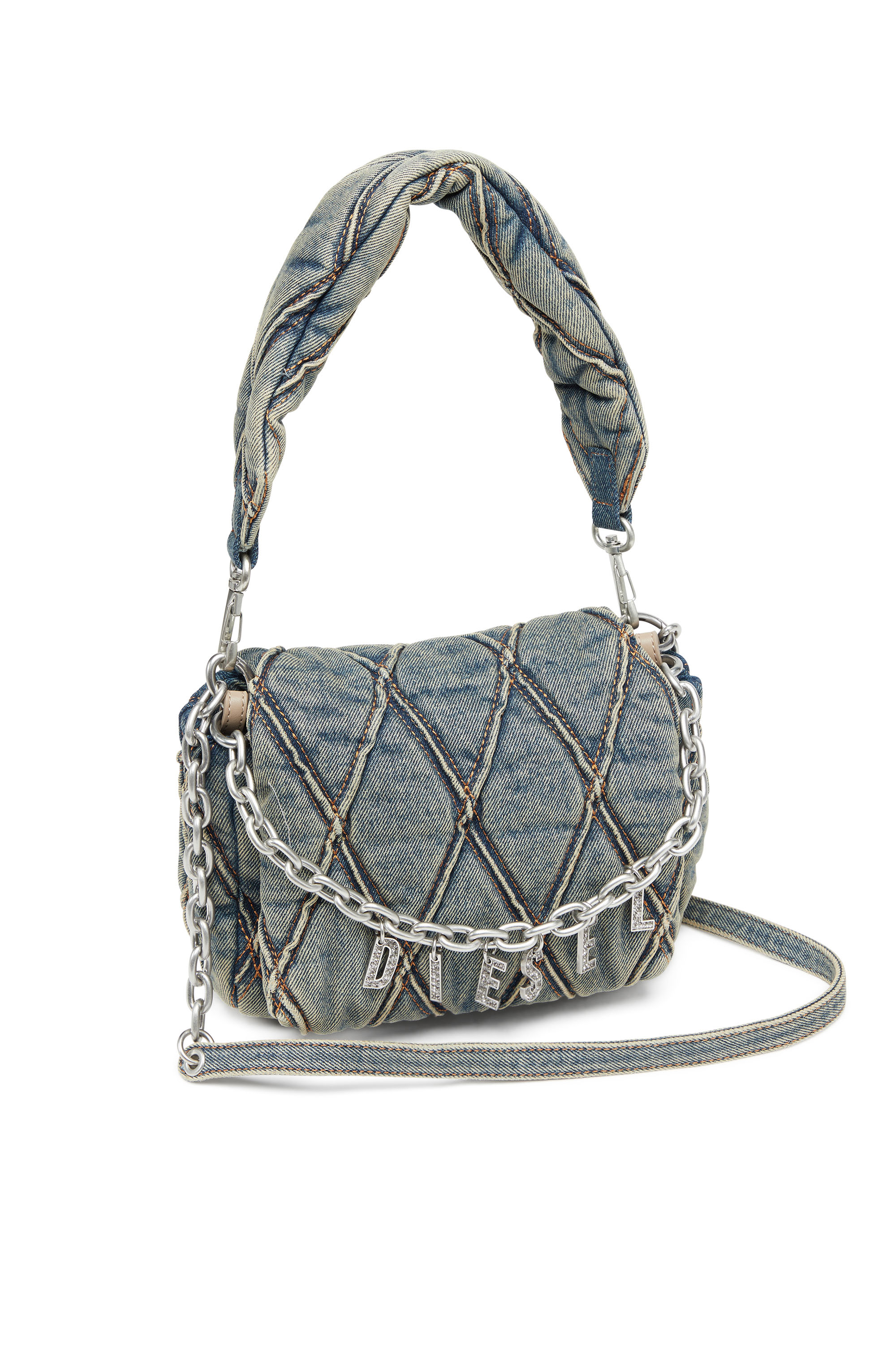 Diesel - CHARM-D SHOULDER S, Woman's Charm-D S-Small handbag in quilted denim in Dark Blue - 3
