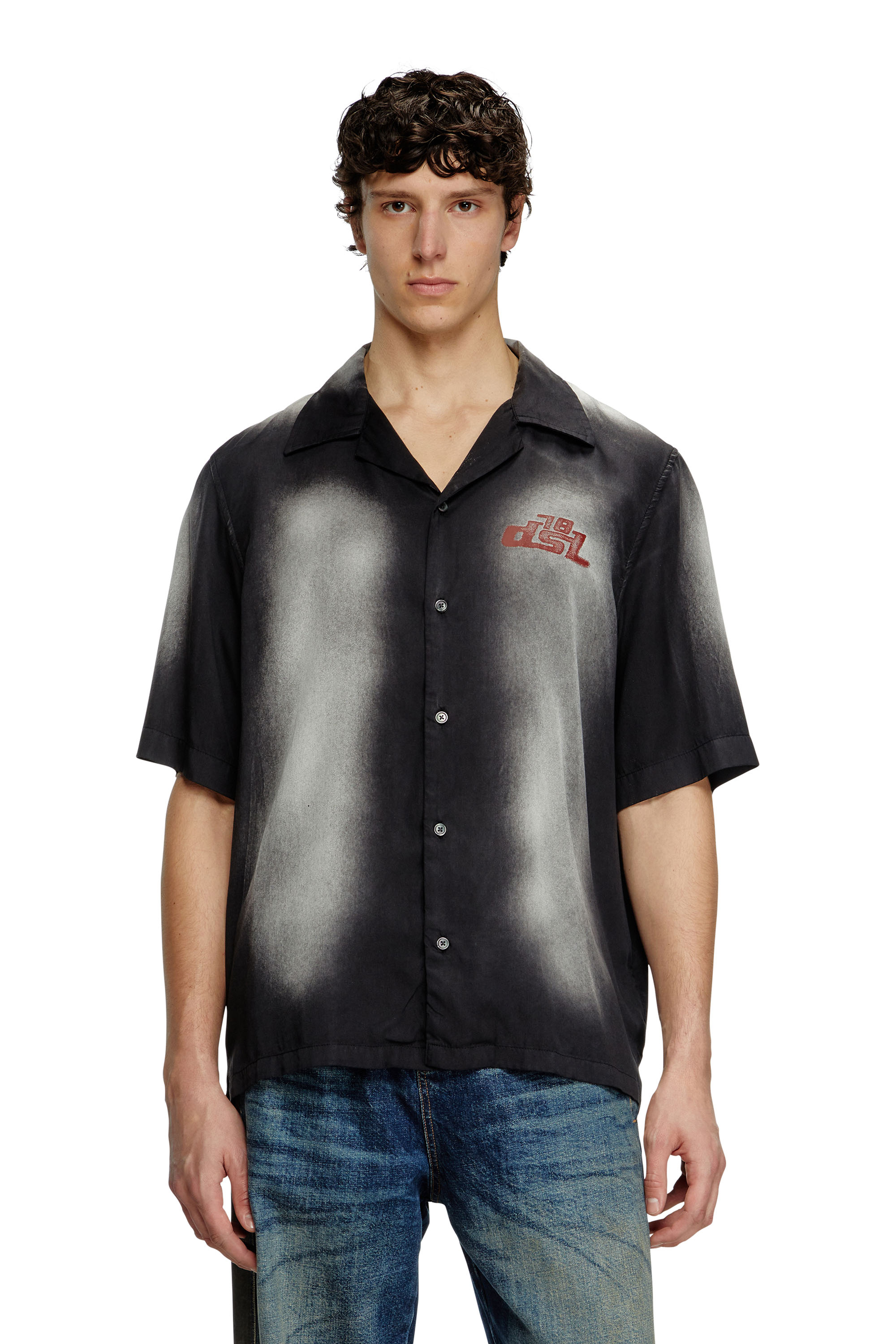 Diesel - S-ELLY, Man's Faded bowling shirt with logo prints in Black - 1