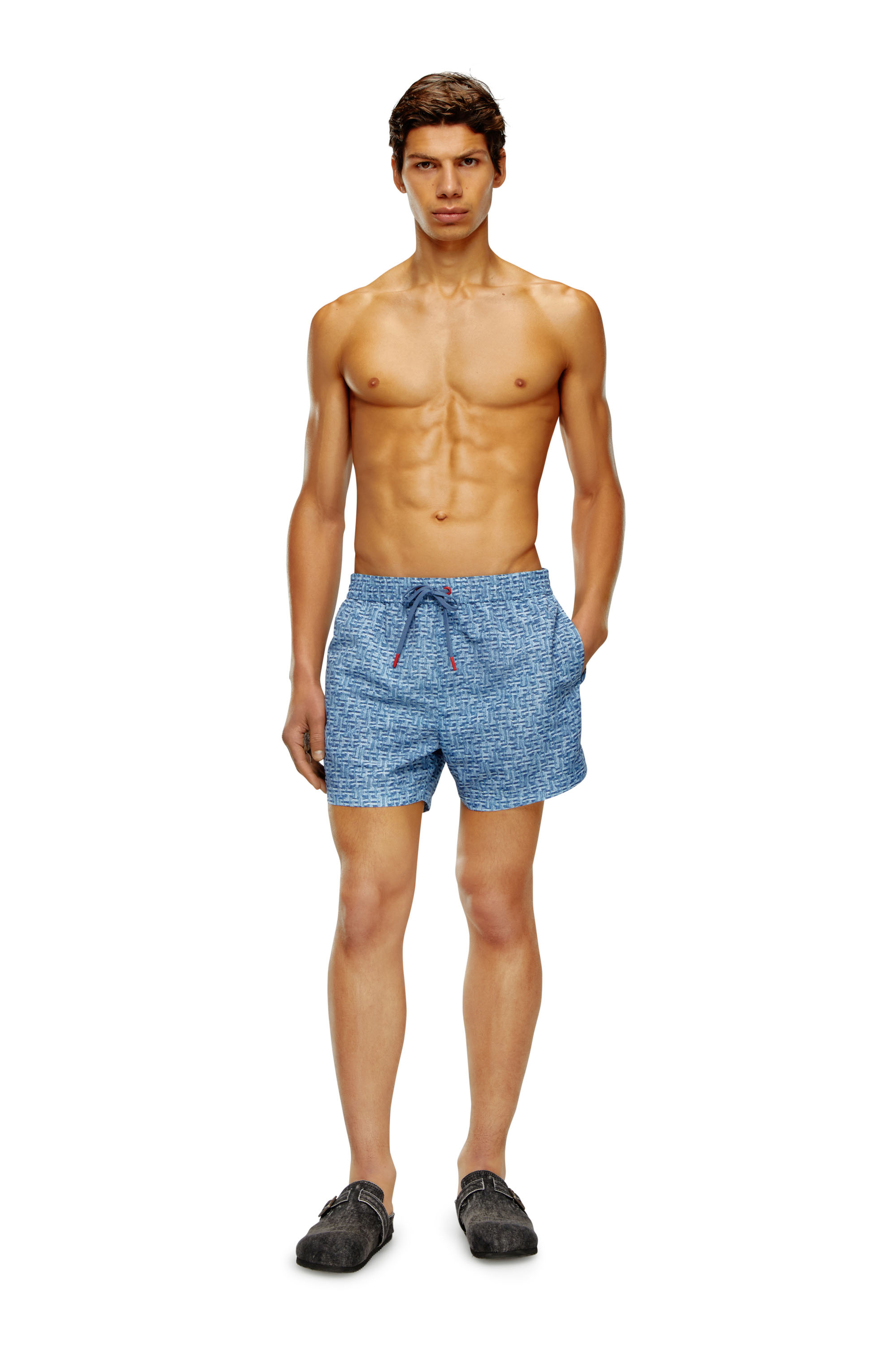 Mid-length swim shorts with denim print