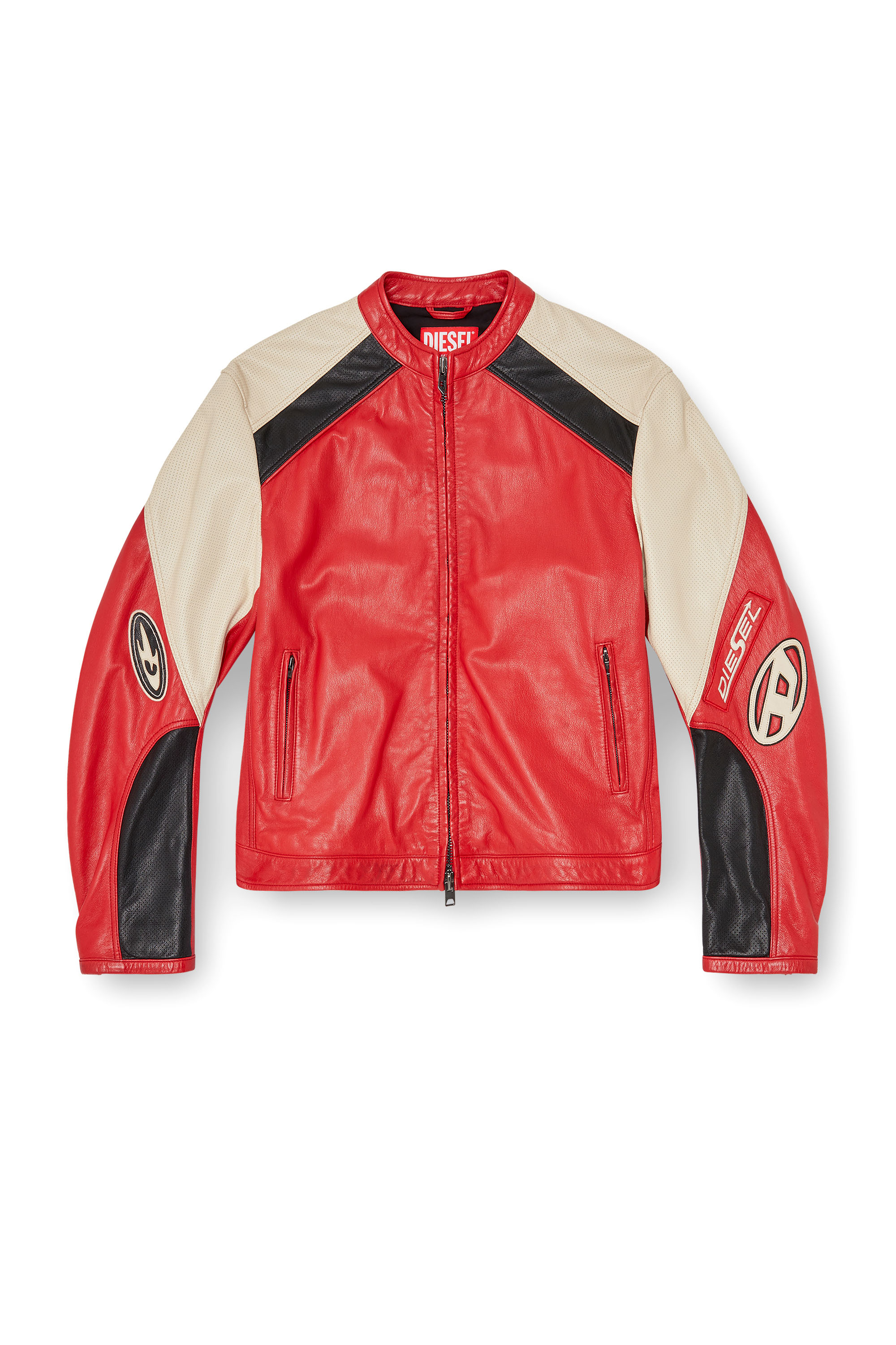 Diesel - L-AHTI, Man's Biker jacket in colour-block perforated leather in Beige/Red - 3