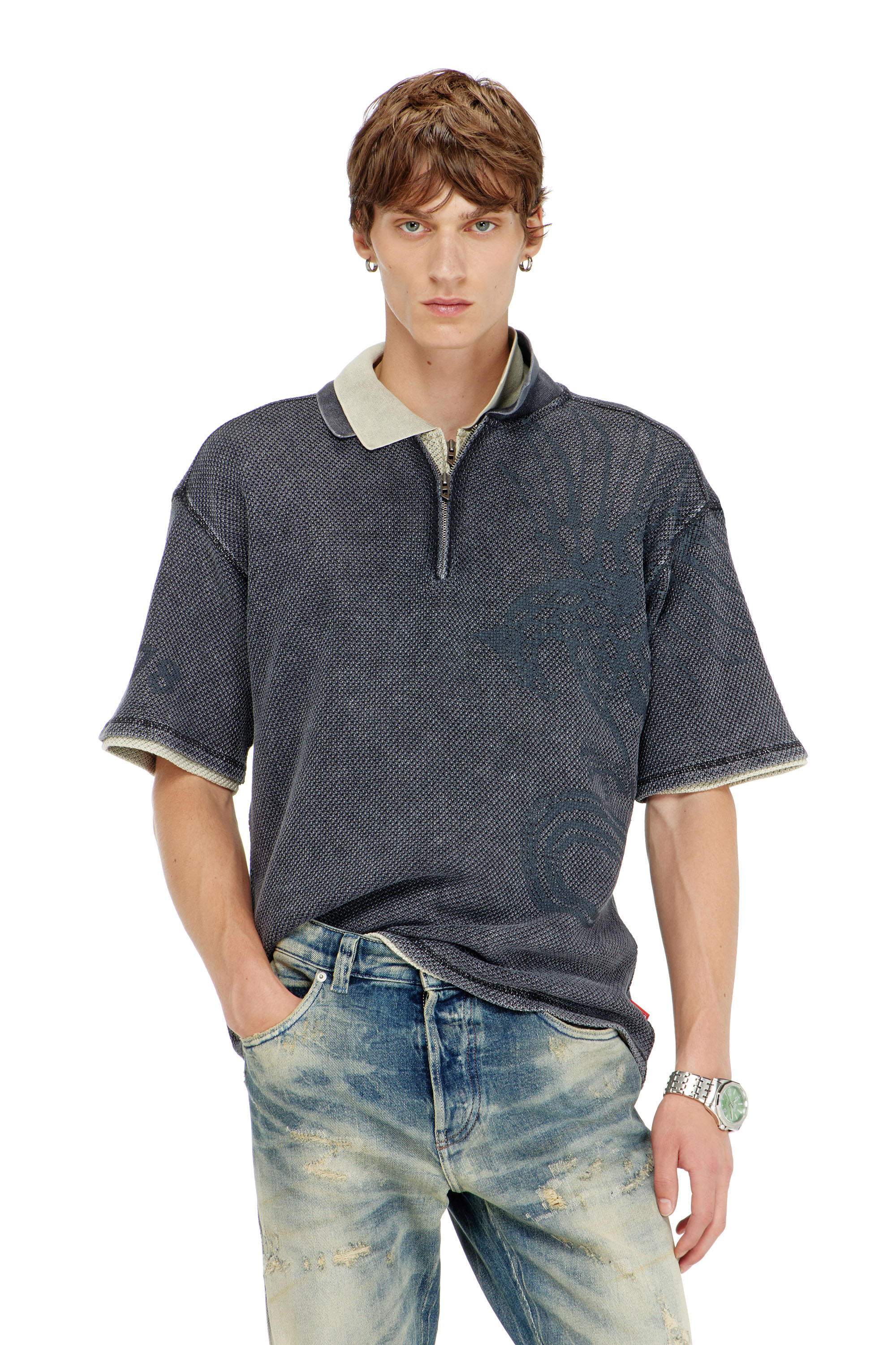 Diesel - T-ERRY-ZIP, Man's Mesh-jacquard polo shirt with Phoenix print in Dark grey - 1