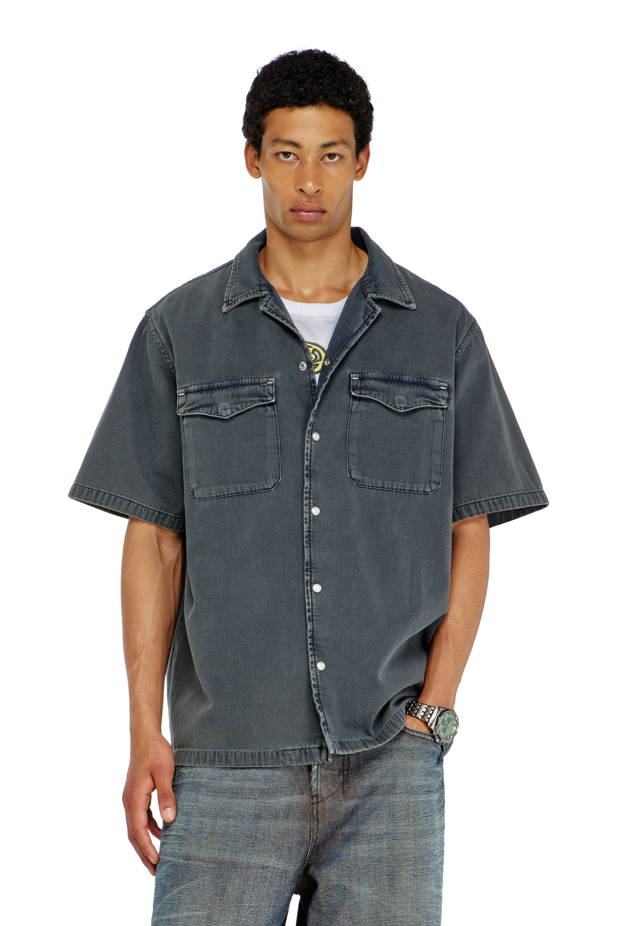 Diesel - D-NABIL-P, Man's Bowling shirt in coloured denim in Dark grey - 1
