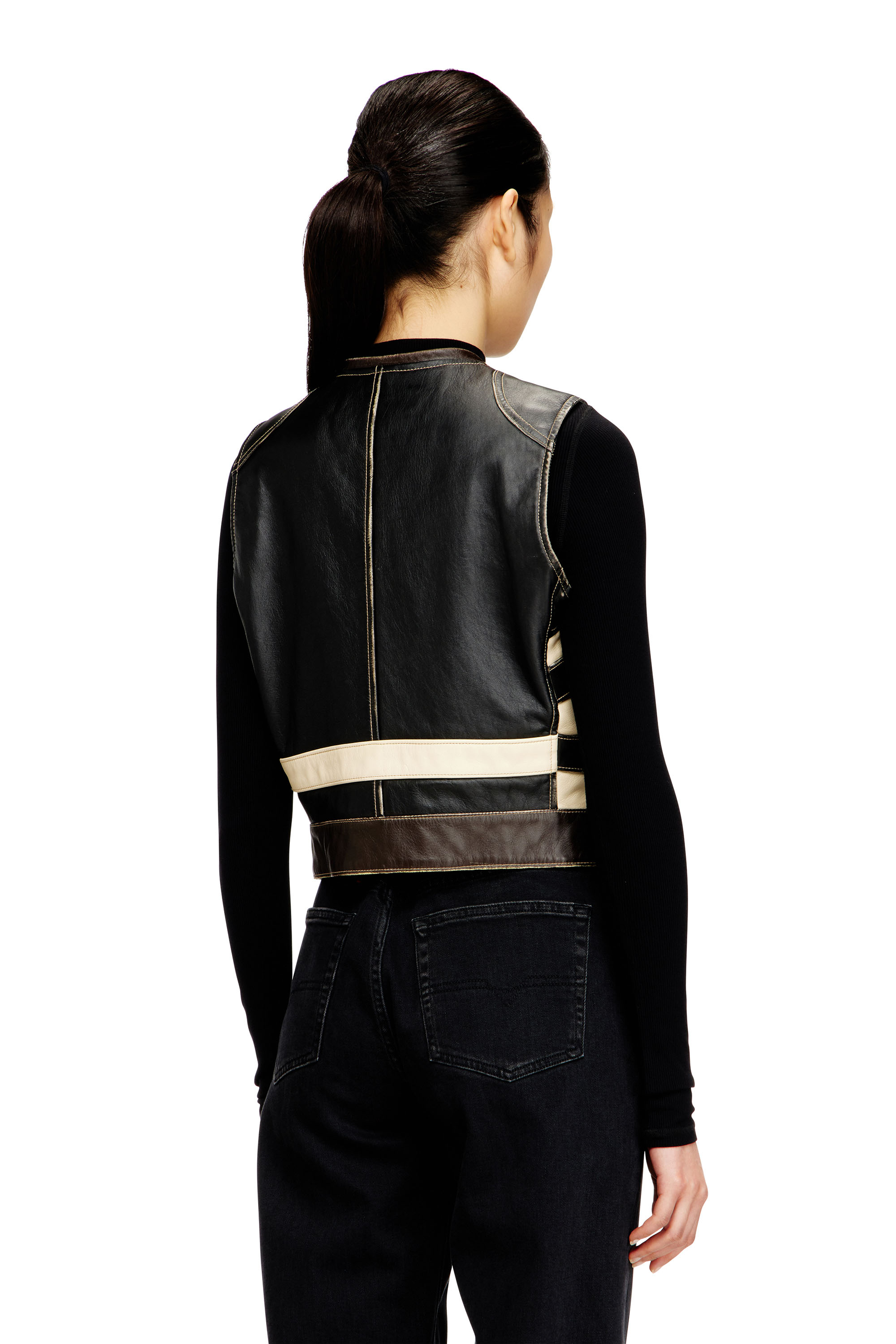 Diesel - L-FLYCOU-20TH, Woman's Leather vest with front logo and contrast stripes in Black/White - 4